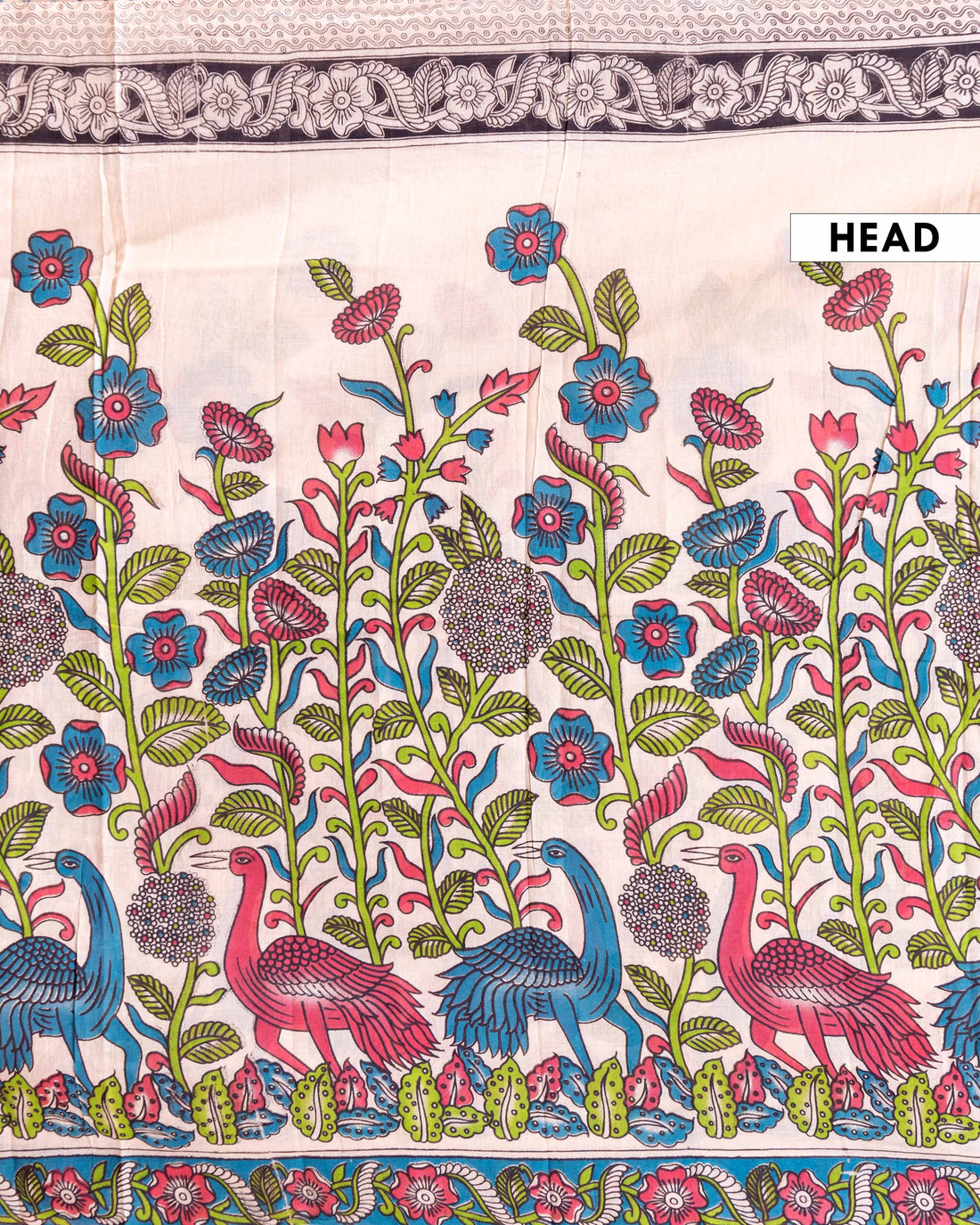 Handloom Kalamkari Cotton Saree with Peacock and Floral Motifs - Off White