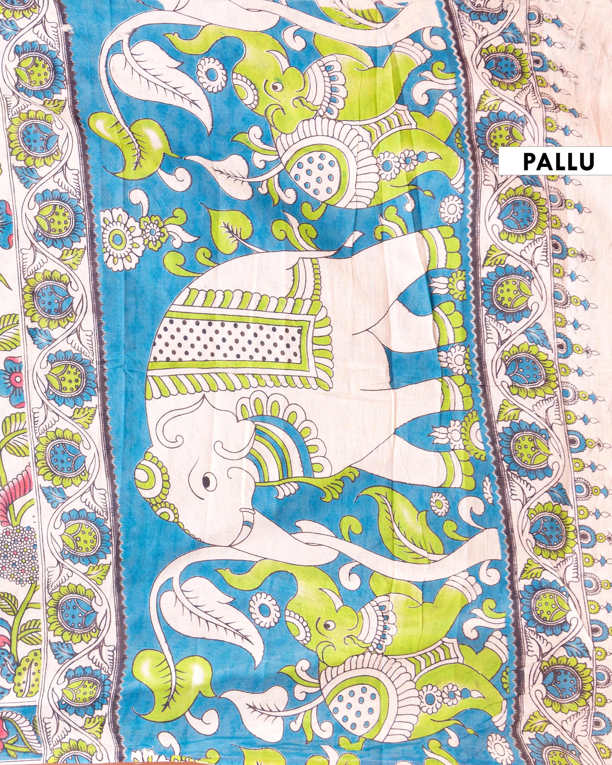 Handloom Kalamkari Cotton Saree with Peacock and Floral Motifs - Off White
