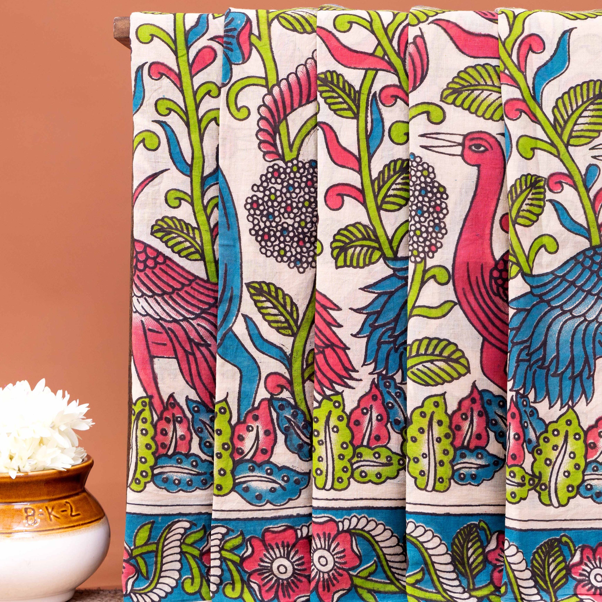 Handloom Kalamkari Cotton Saree with Peacock and Floral Motifs - Off White