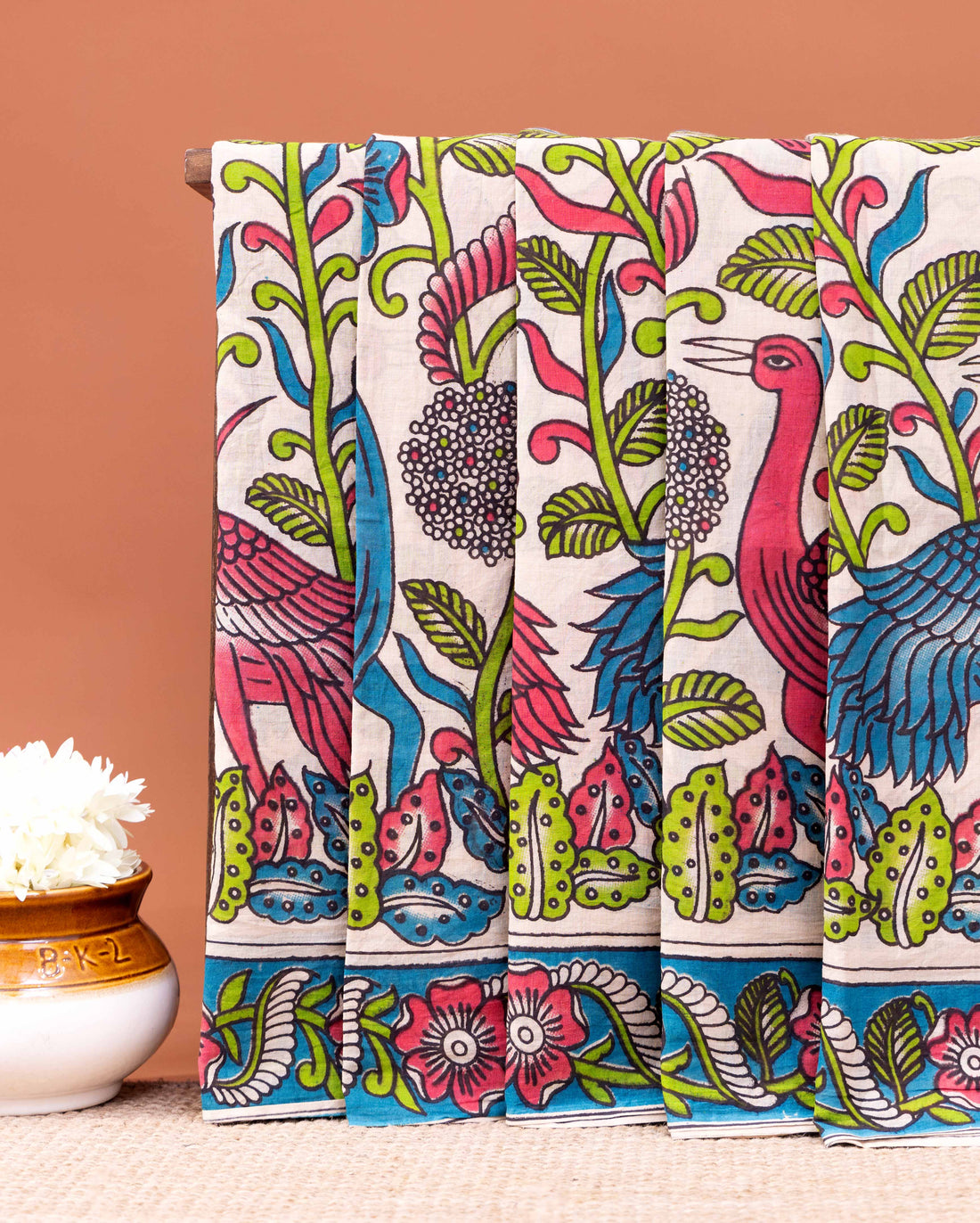 Handloom Kalamkari Cotton Saree with Peacock and Floral Motifs - Off White