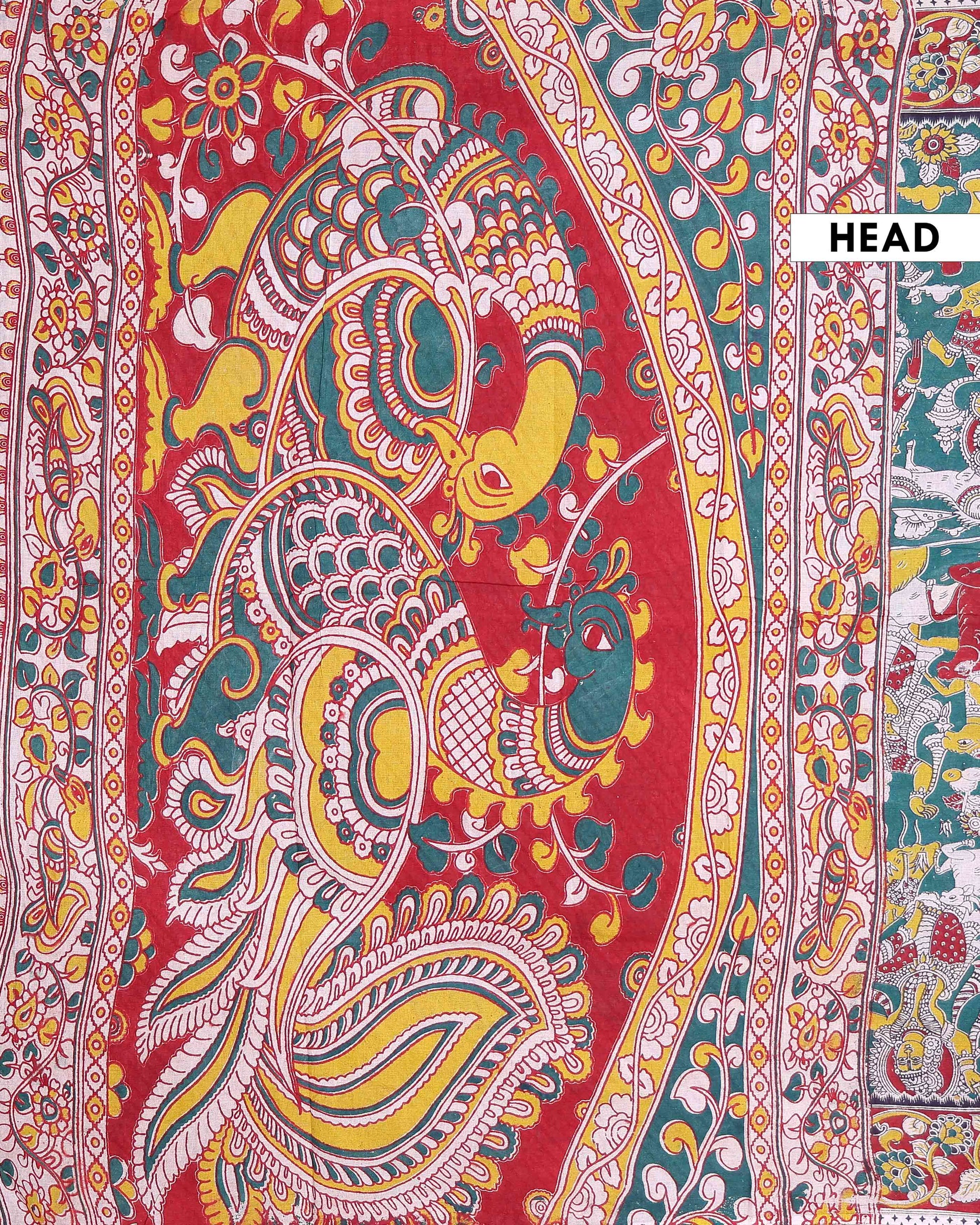 Traditional Handloom Kalamkari Cotton Saree with Traditional Artwork and Floral Motifs - Green