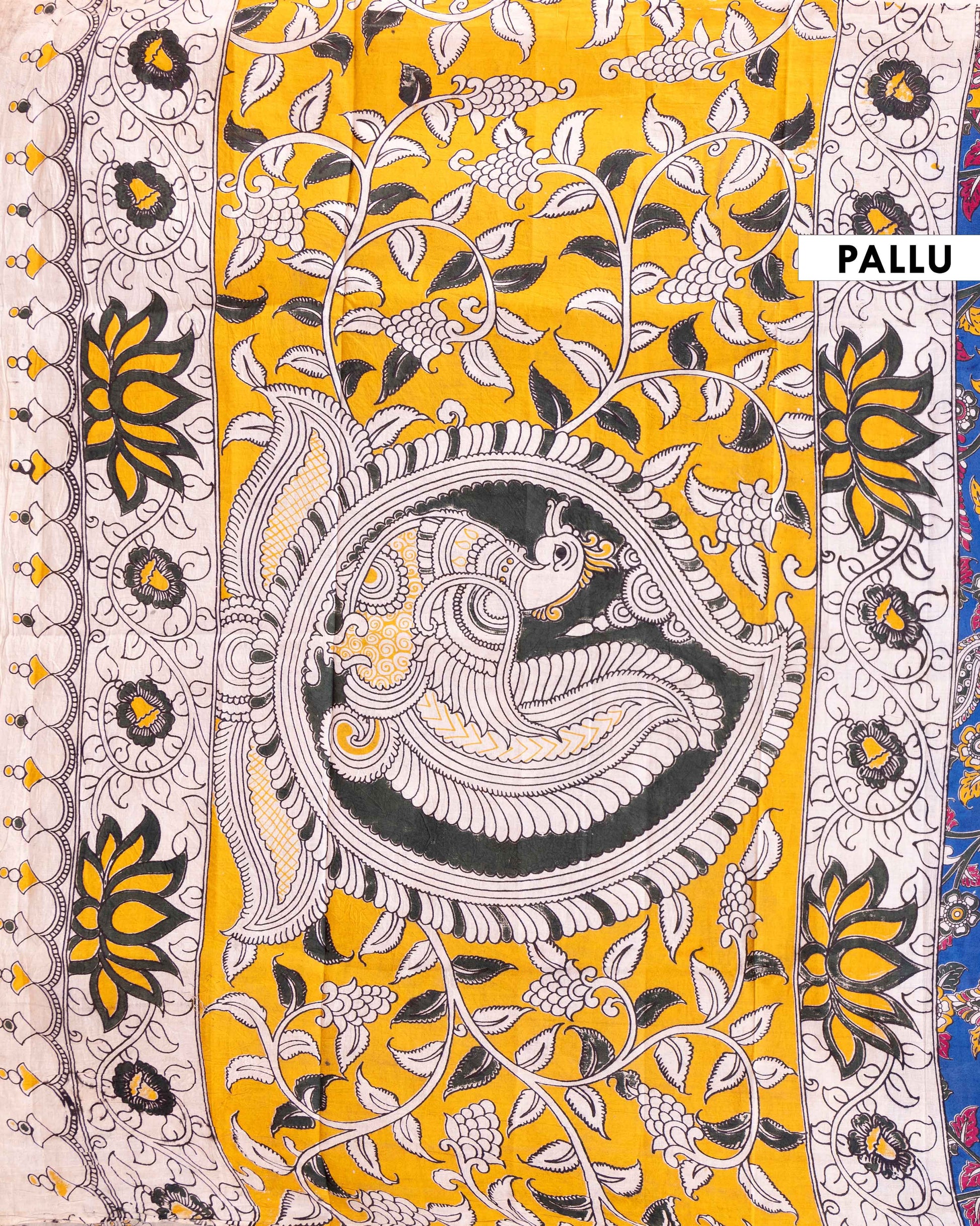 Handloom Kalamkari Cotton Saree with Traditional Bird and Floral Motifs - Blue