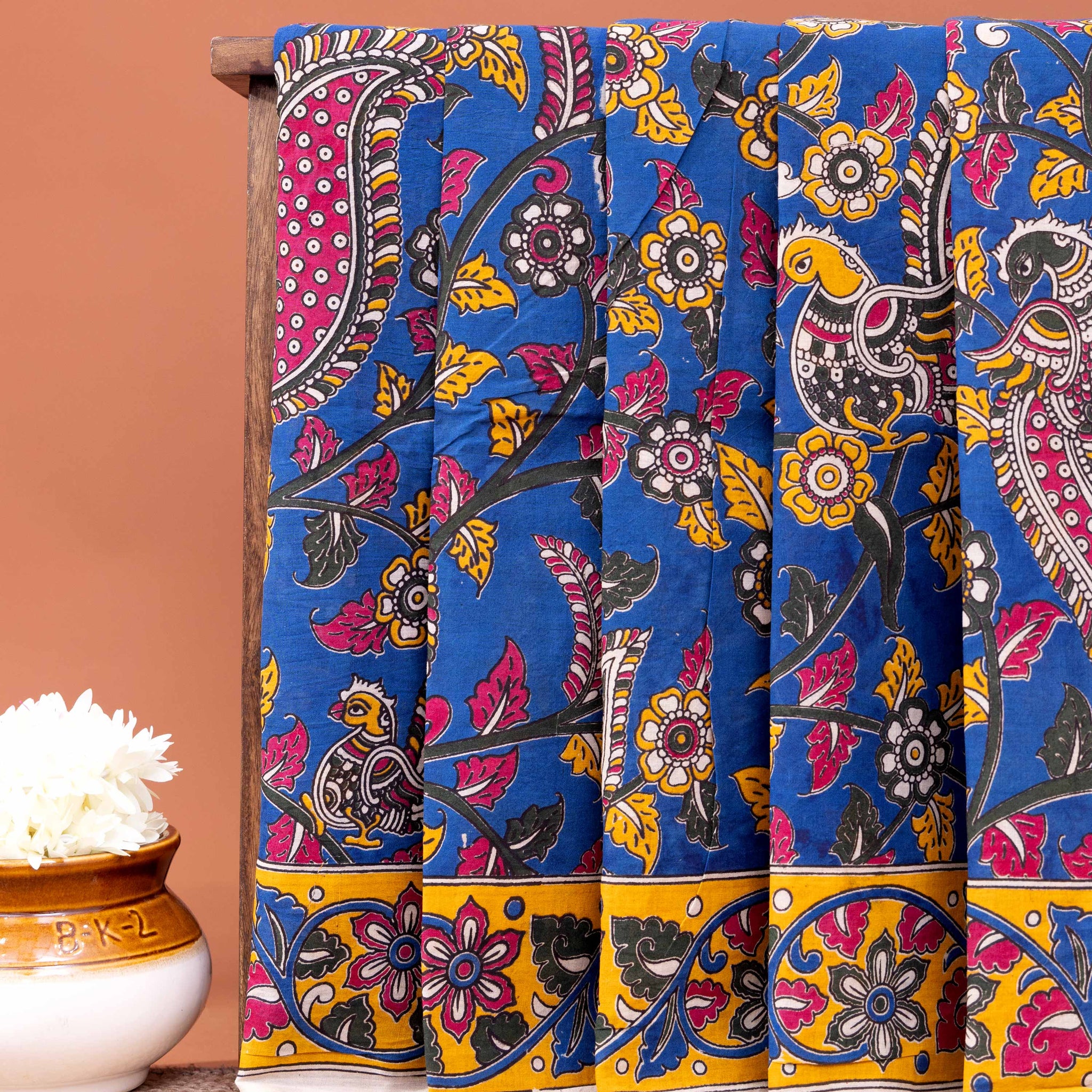 Handloom Kalamkari Cotton Saree with Traditional Bird and Floral Motifs - Blue