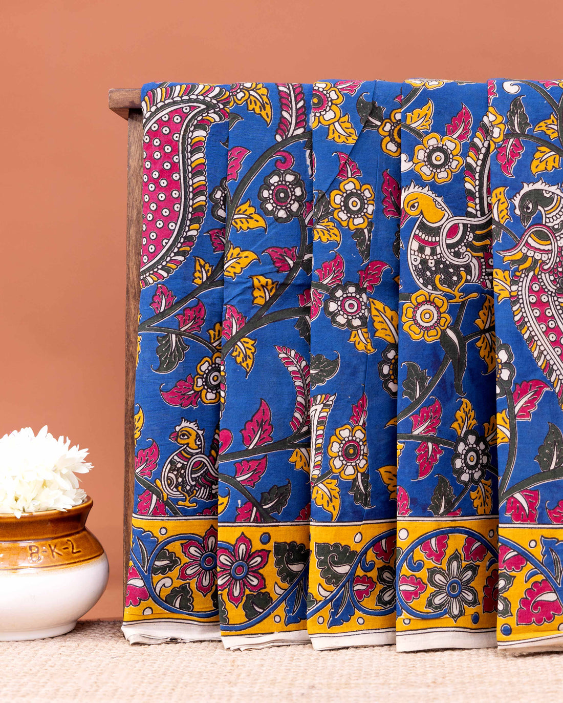 Handloom Kalamkari Cotton Saree with Traditional Bird and Floral Motifs - Blue