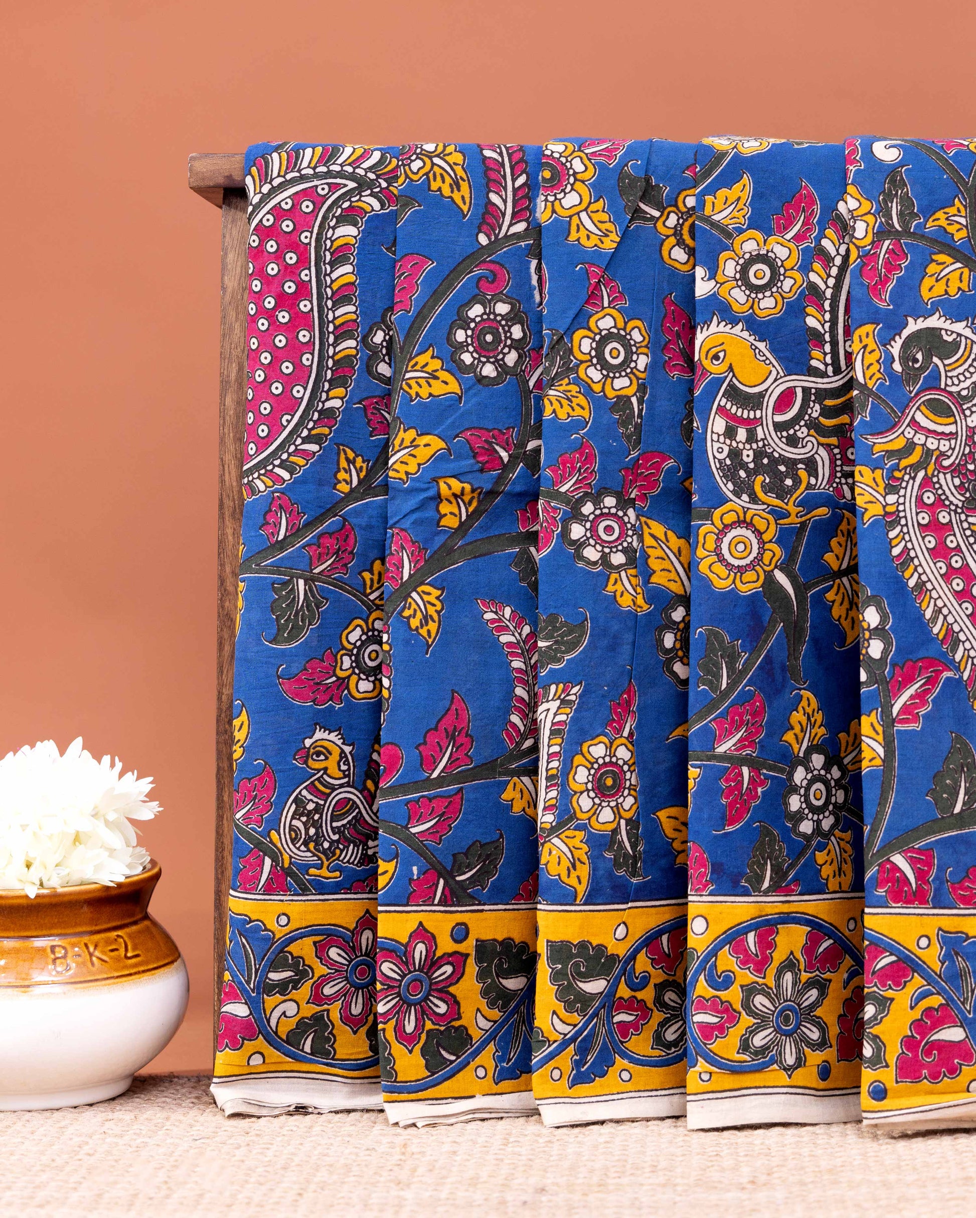 Handloom Kalamkari Cotton Saree with Traditional Bird and Floral Motifs - Blue