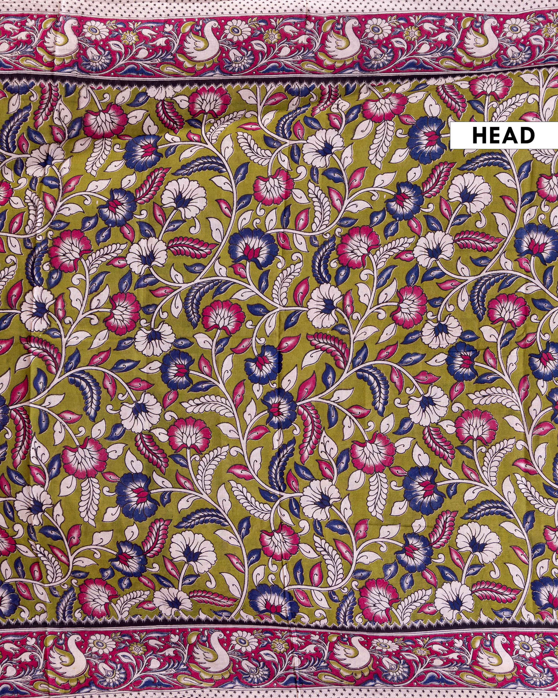 Handloom Kalamkari Cotton Saree with Traditional Floral & Bird Motifs - Green