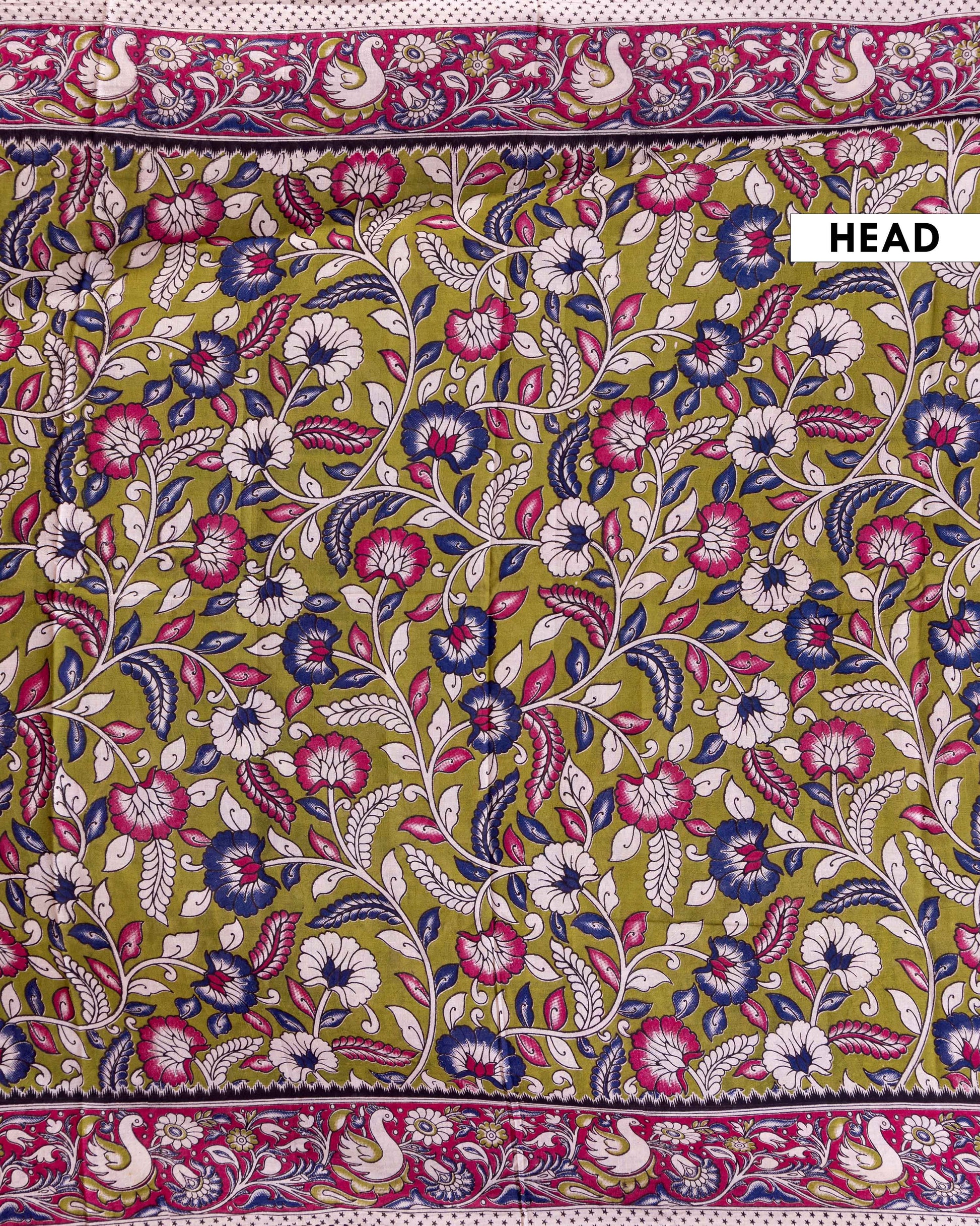 Handloom Kalamkari Cotton Saree with Traditional Floral & Bird Motifs - Green