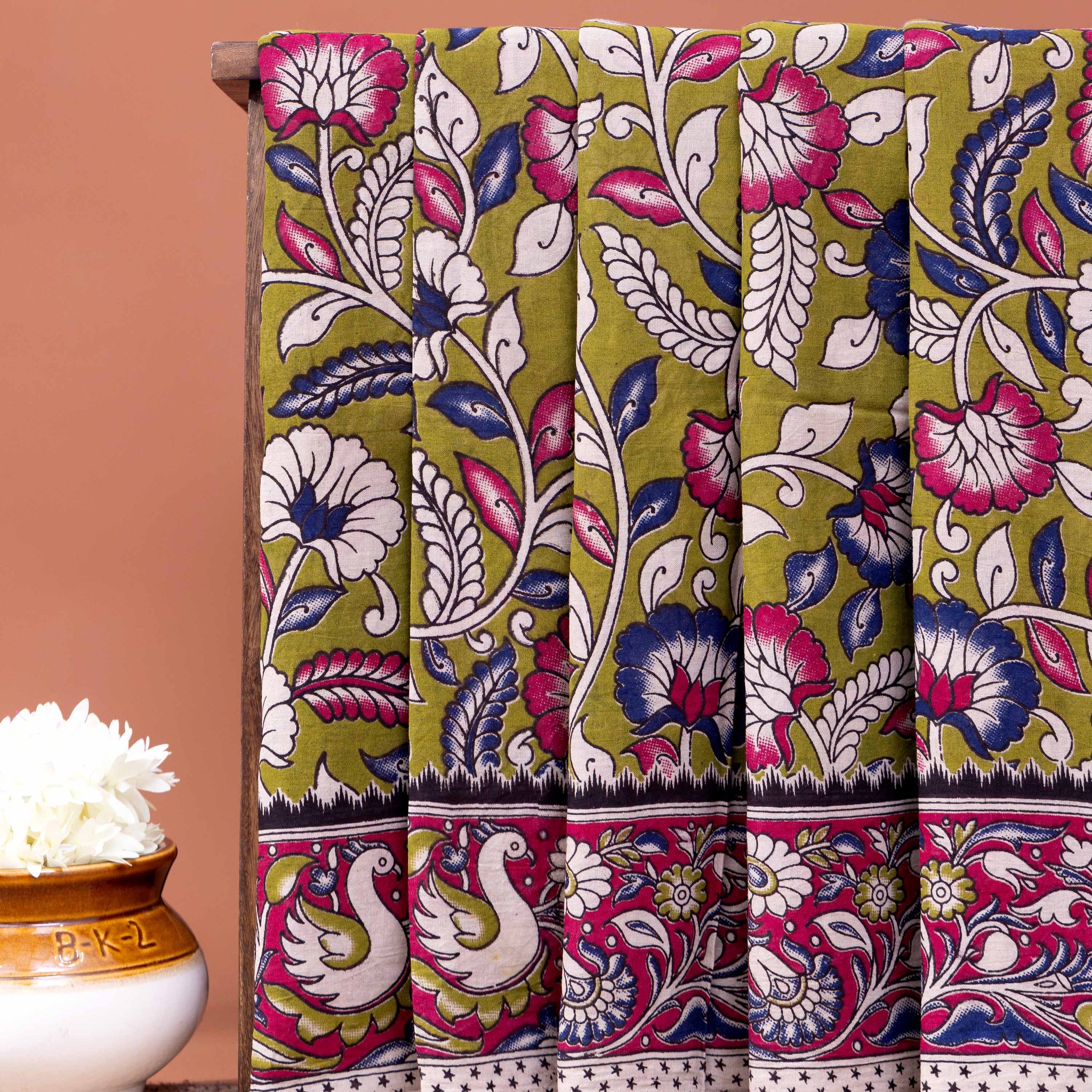 Handloom Kalamkari Cotton Saree with Traditional Floral & Bird Motifs - Green