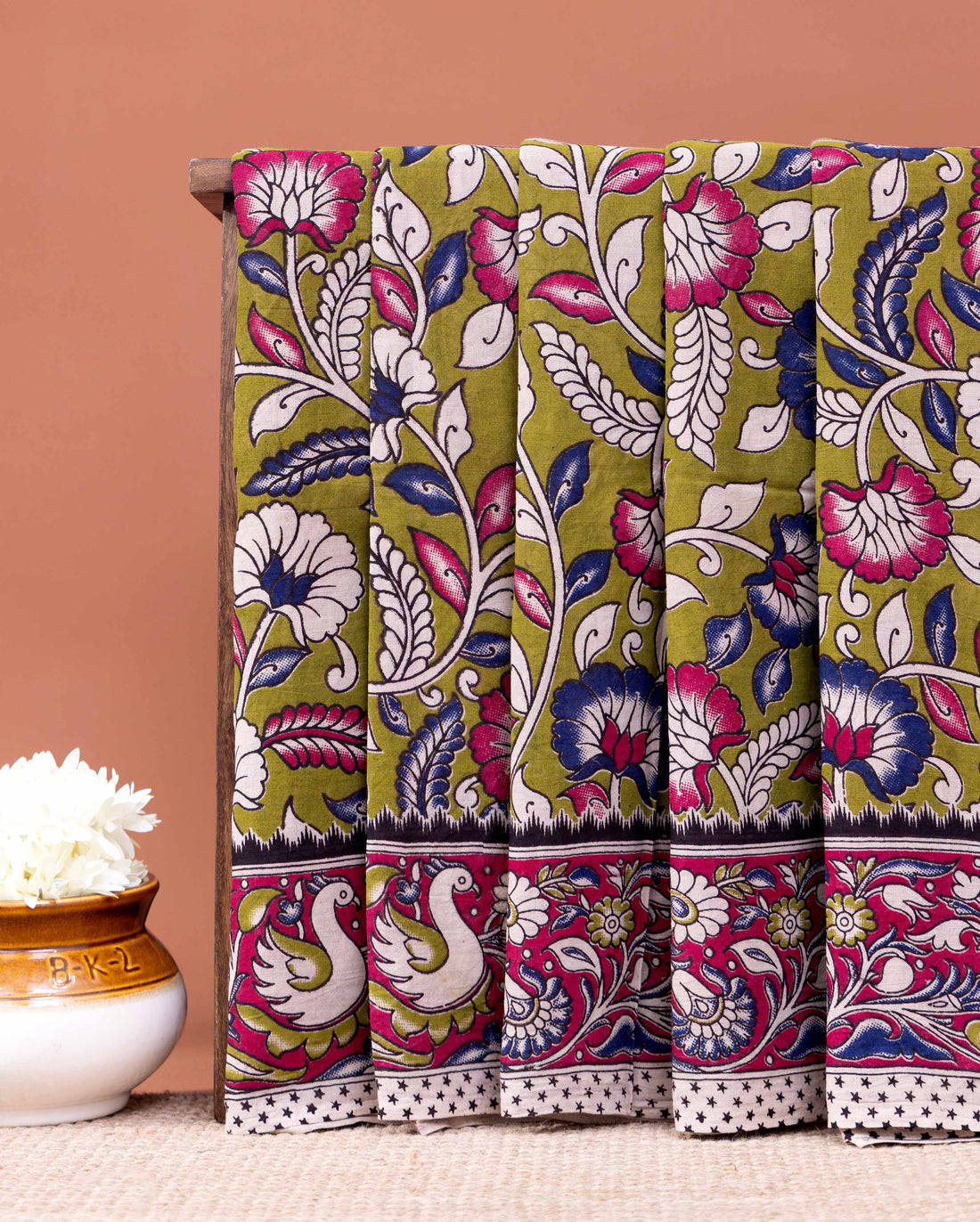 Handloom Kalamkari Cotton Saree with Traditional Floral & Bird Motifs - Green