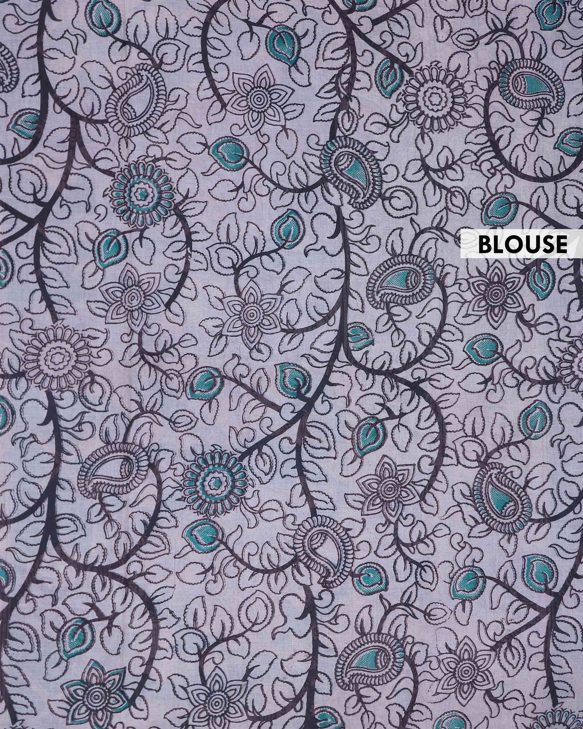 Handloom Kalamkari Cotton Saree with Traditional Floral Block Prints and Artistic Ethnic Border Detailing - Turquoise