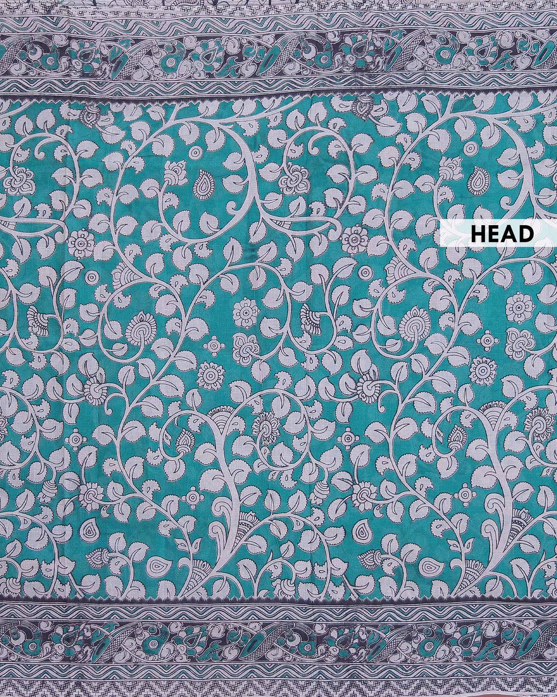 Handloom Kalamkari Cotton Saree with Traditional Floral Block Prints and Artistic Ethnic Border Detailing - Turquoise