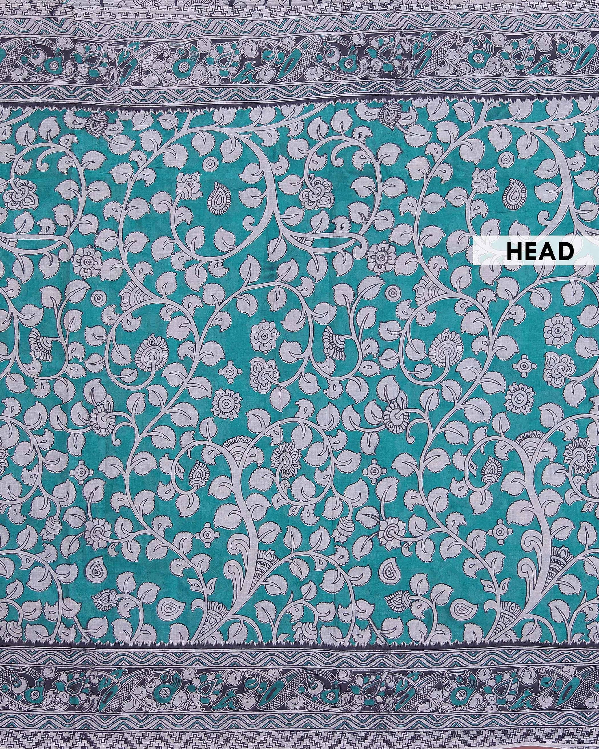 Handloom Kalamkari Cotton Saree with Traditional Floral Block Prints and Artistic Ethnic Border Detailing - Turquoise