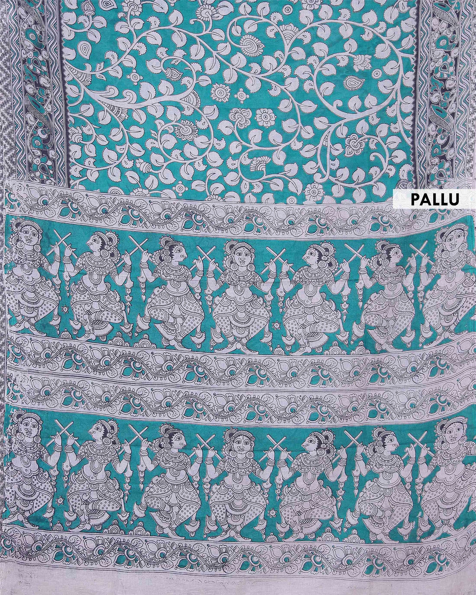 Handloom Kalamkari Cotton Saree with Traditional Floral Block Prints and Artistic Ethnic Border Detailing - Turquoise