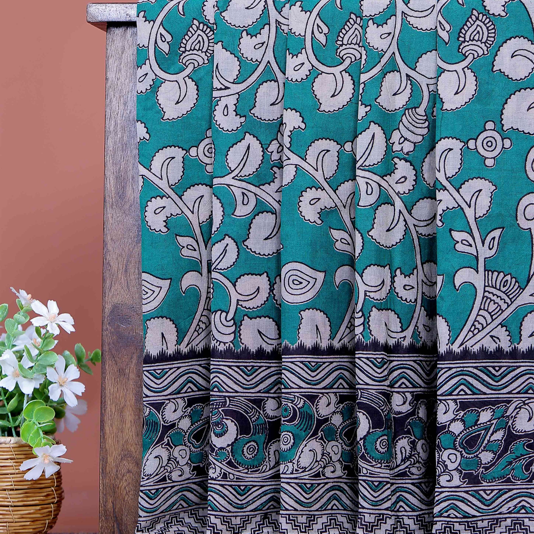 Handloom Kalamkari Cotton Saree with Traditional Floral Block Prints and Artistic Ethnic Border Detailing - Turquoise
