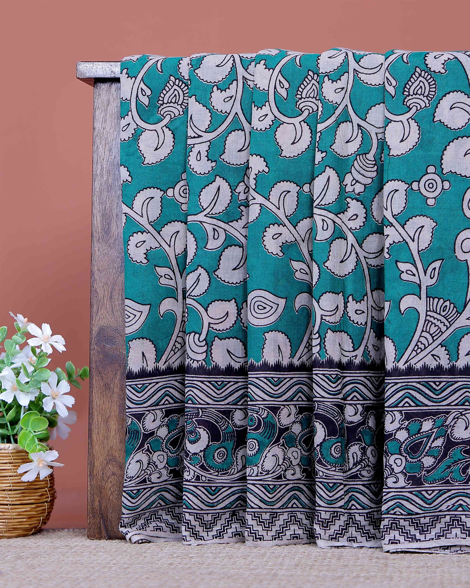 Handloom Kalamkari Cotton Saree with Traditional Floral Block Prints and Artistic Ethnic Border Detailing - Turquoise