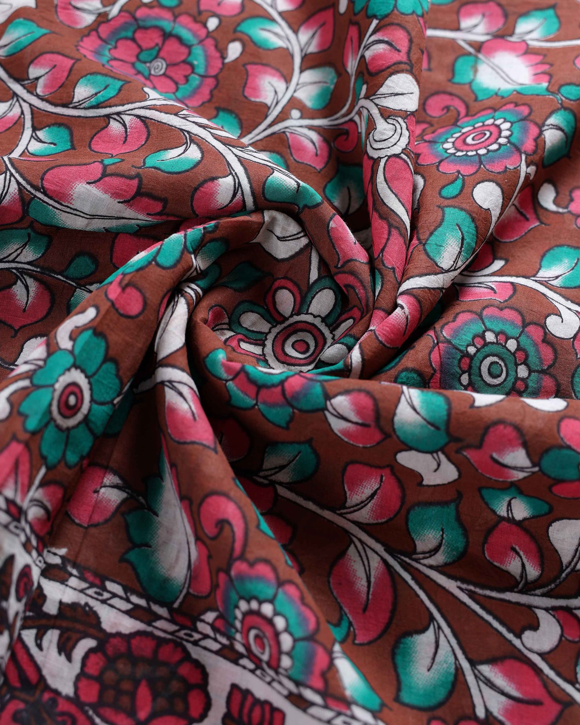 Handloom Kalamkari Cotton Saree with Traditional Floral & Botanical Motifs - Close