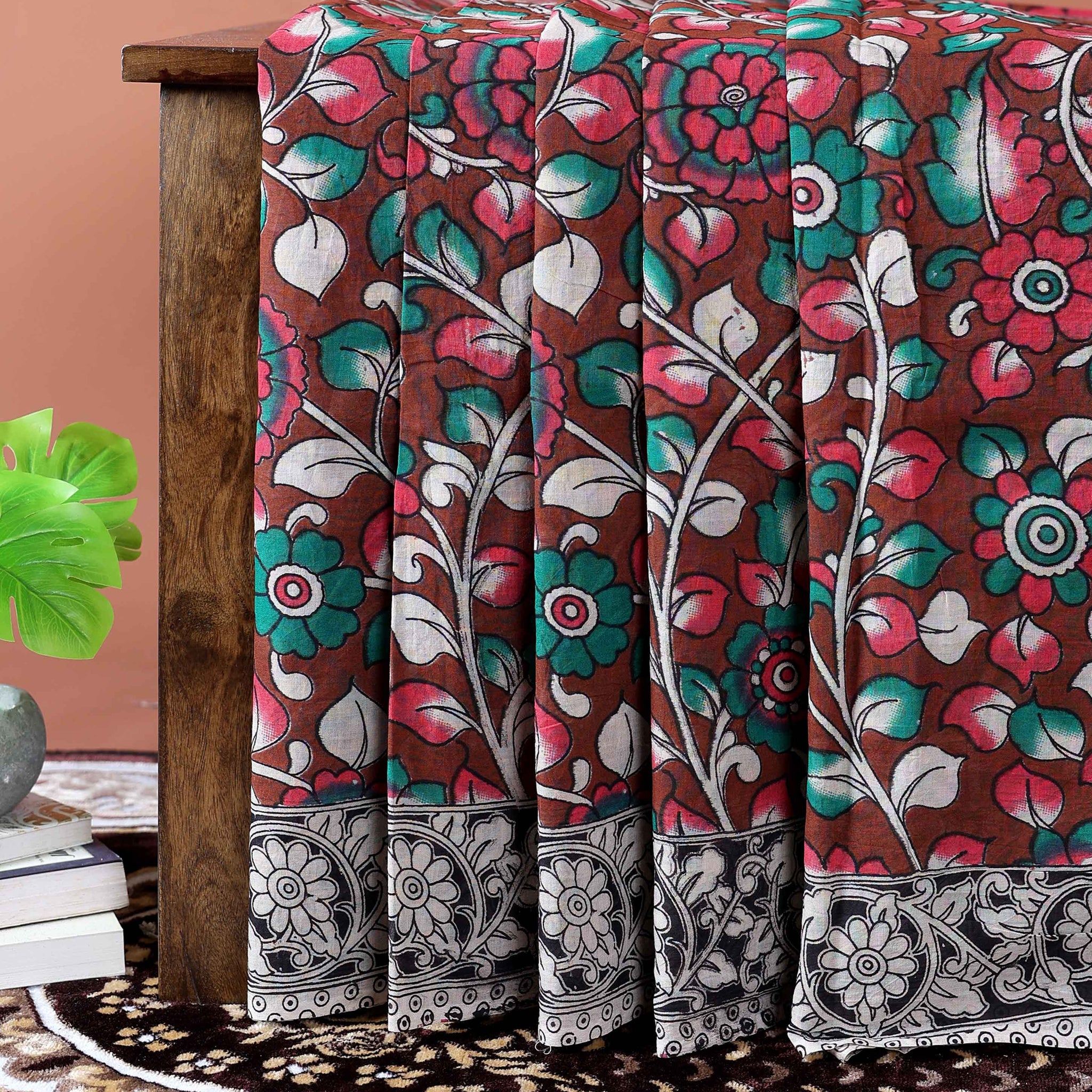 Handloom Kalamkari Cotton Saree with Traditional Floral & Botanical Motifs - Dark Brown