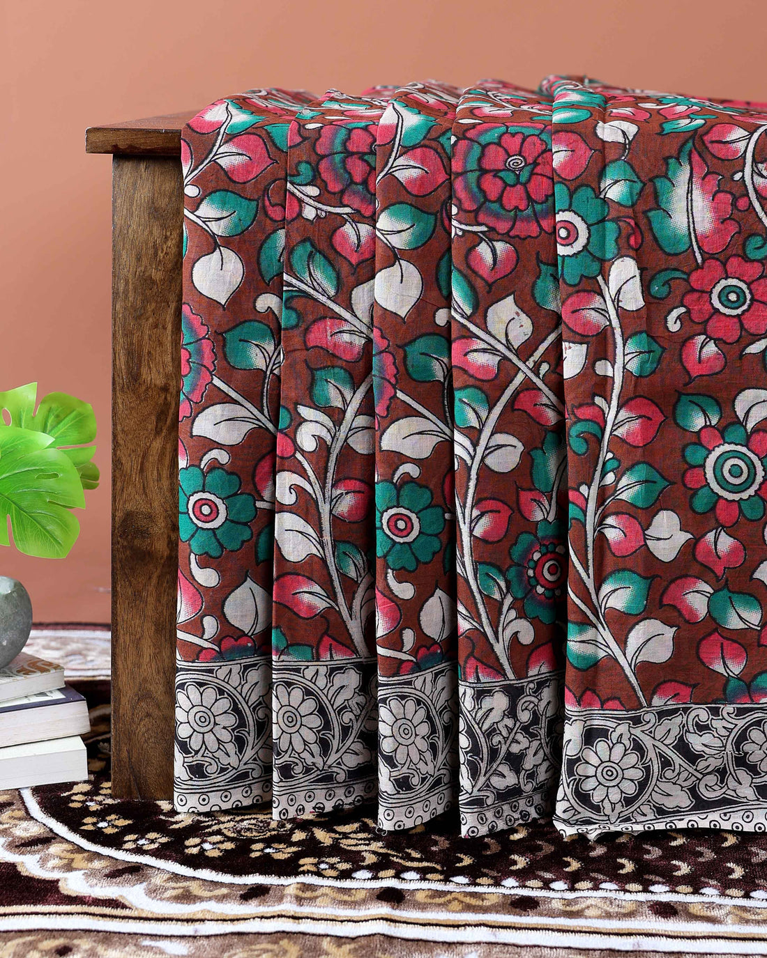Handloom Kalamkari Cotton Saree with Traditional Floral & Botanical Motifs - Dark Brown