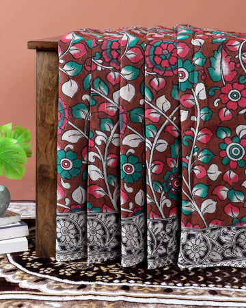 Handloom Kalamkari Cotton Saree with Traditional Floral & Botanical Motifs - Dark Brown