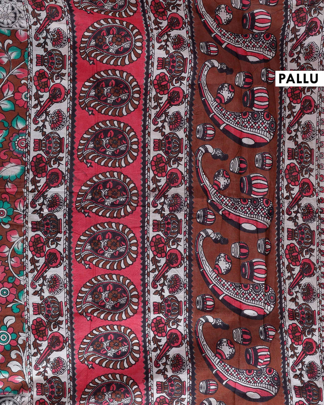 Handloom Kalamkari Cotton Saree with Traditional Floral & Botanical Motifs - Dark Brown