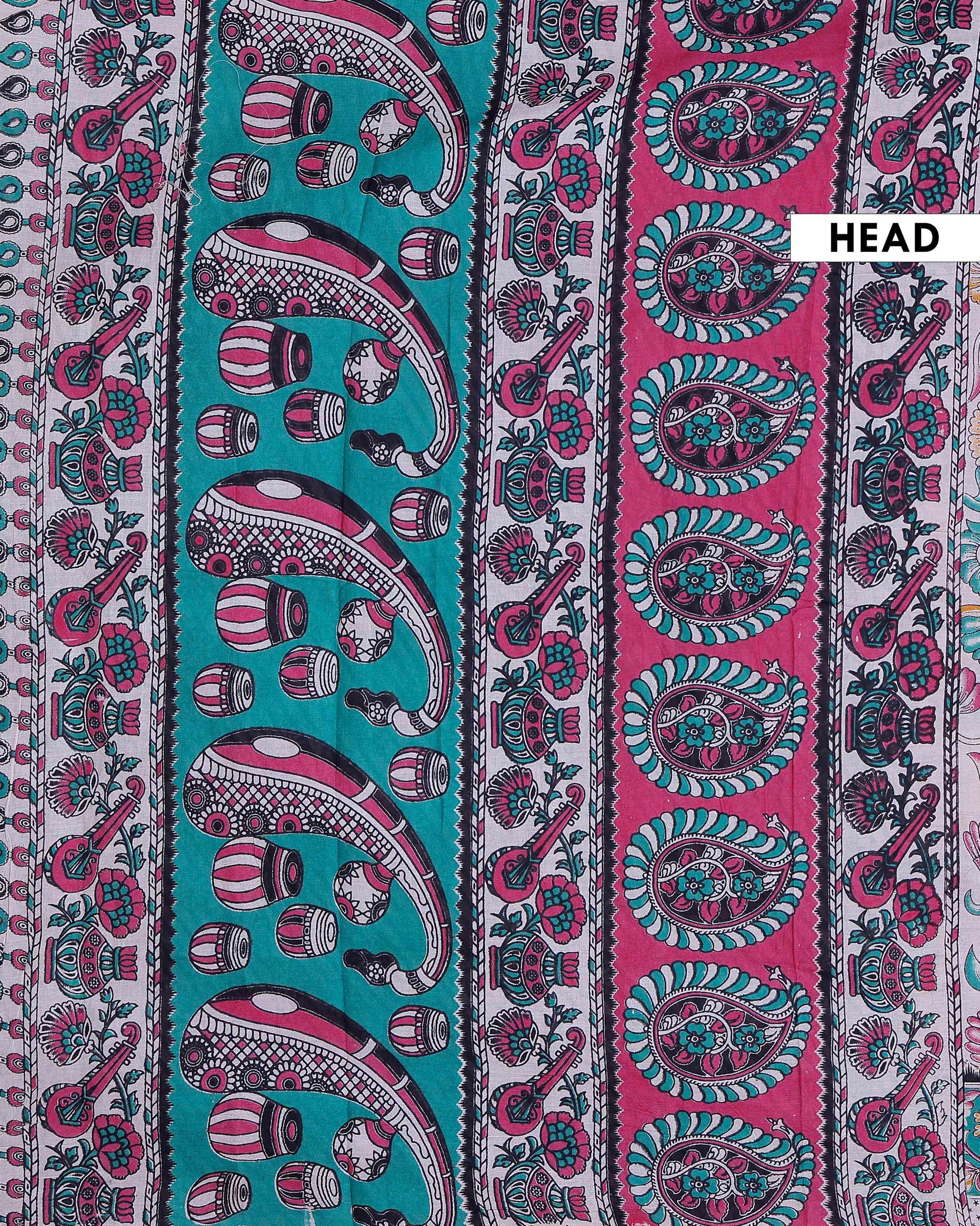 Traditional Handloom Kalamkari Cotton Saree with Traditional Floral Motifs and Artistic Border Design - Cream