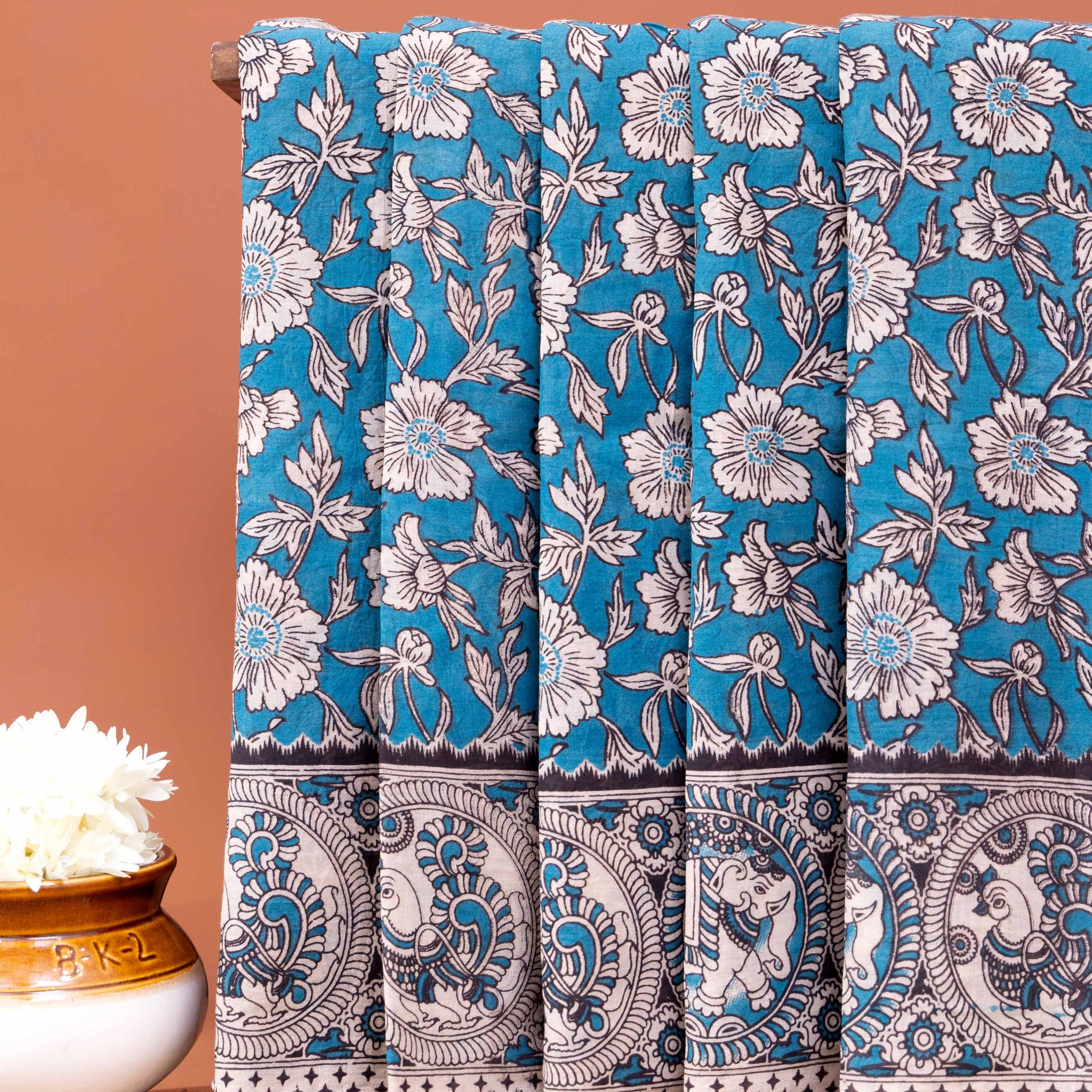 Handloom Kalamkari Cotton Saree with Traditional Floral and Border Design - Blue 