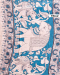 Handloom Kalamkari Cotton Saree with Traditional Floral and Border Design - Blue 