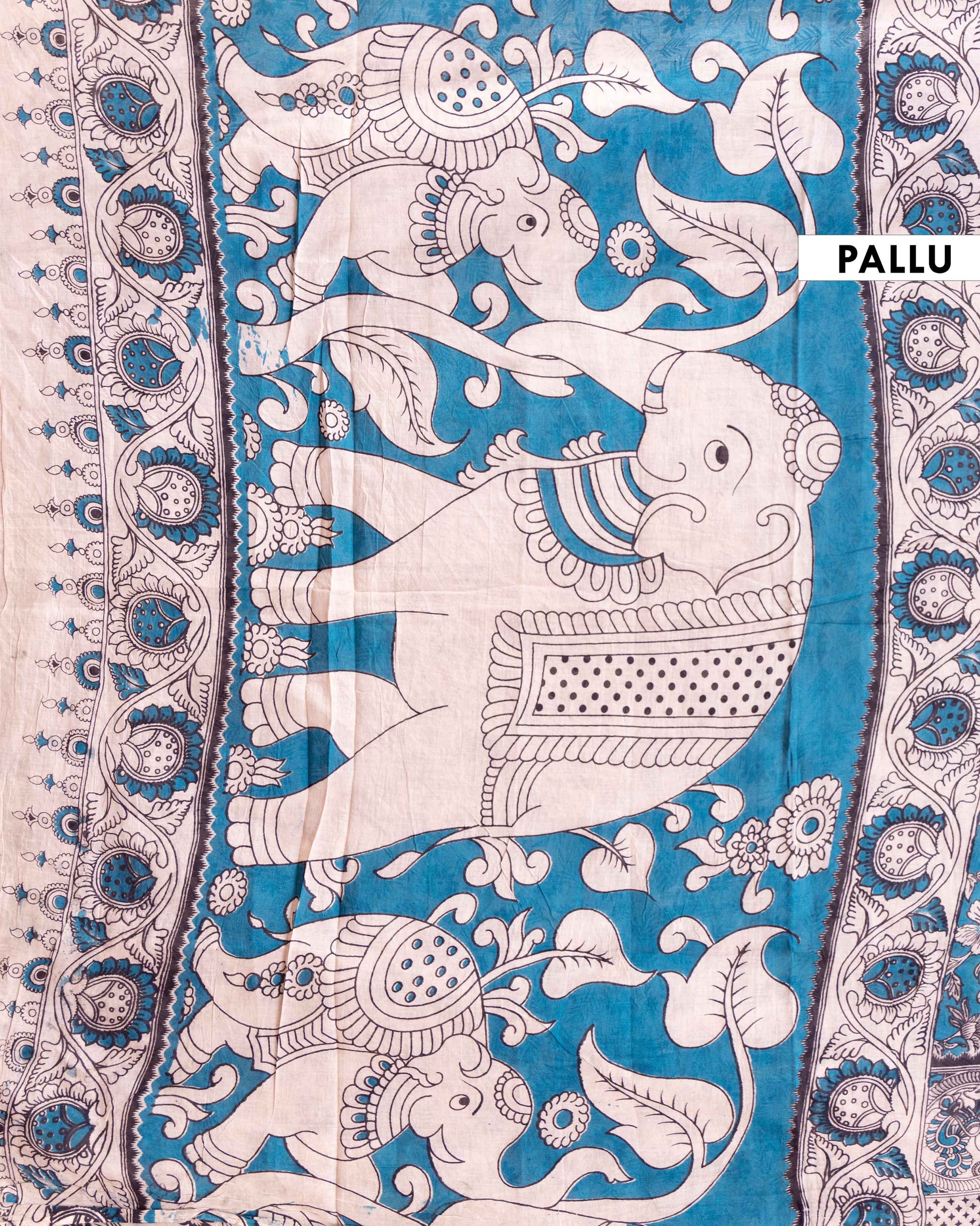 Handloom Kalamkari Cotton Saree with Traditional Floral and Border Design - Blue 