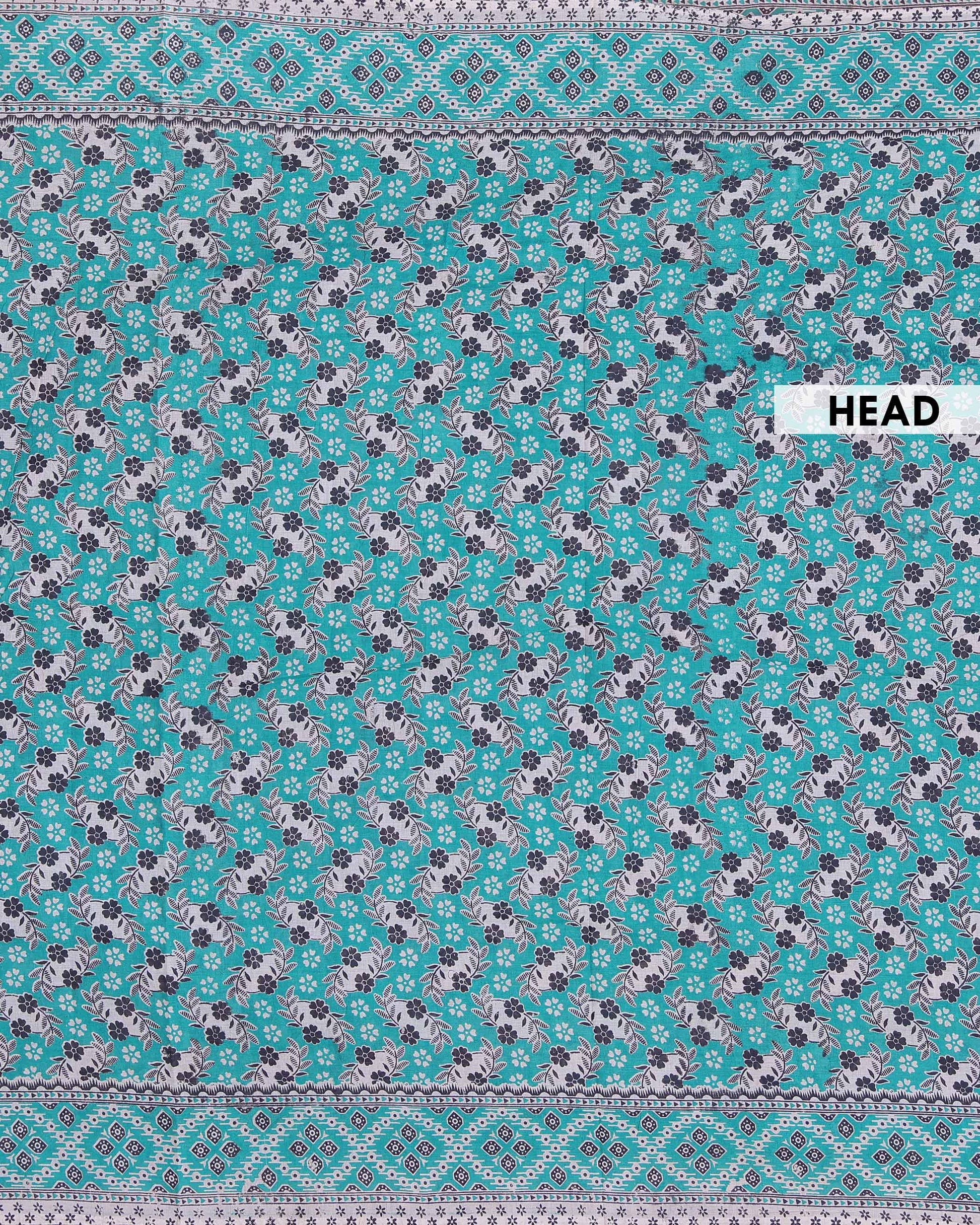 Handloom Kalamkari Cotton Saree with Traditional Floral and Geometric Motifs - Turquoise