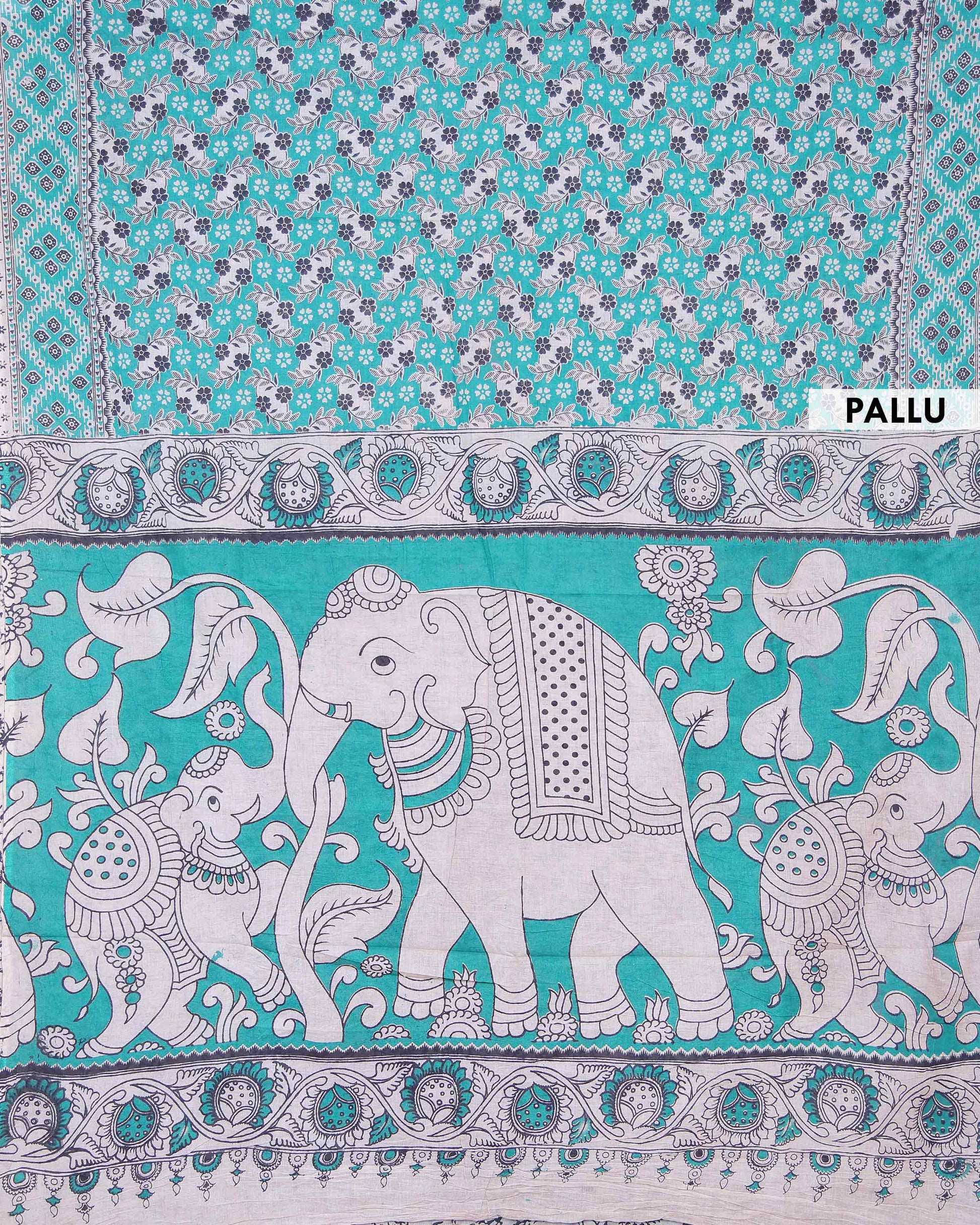 Handloom Kalamkari Cotton Saree with Traditional Floral and Geometric Motifs - Turquoise