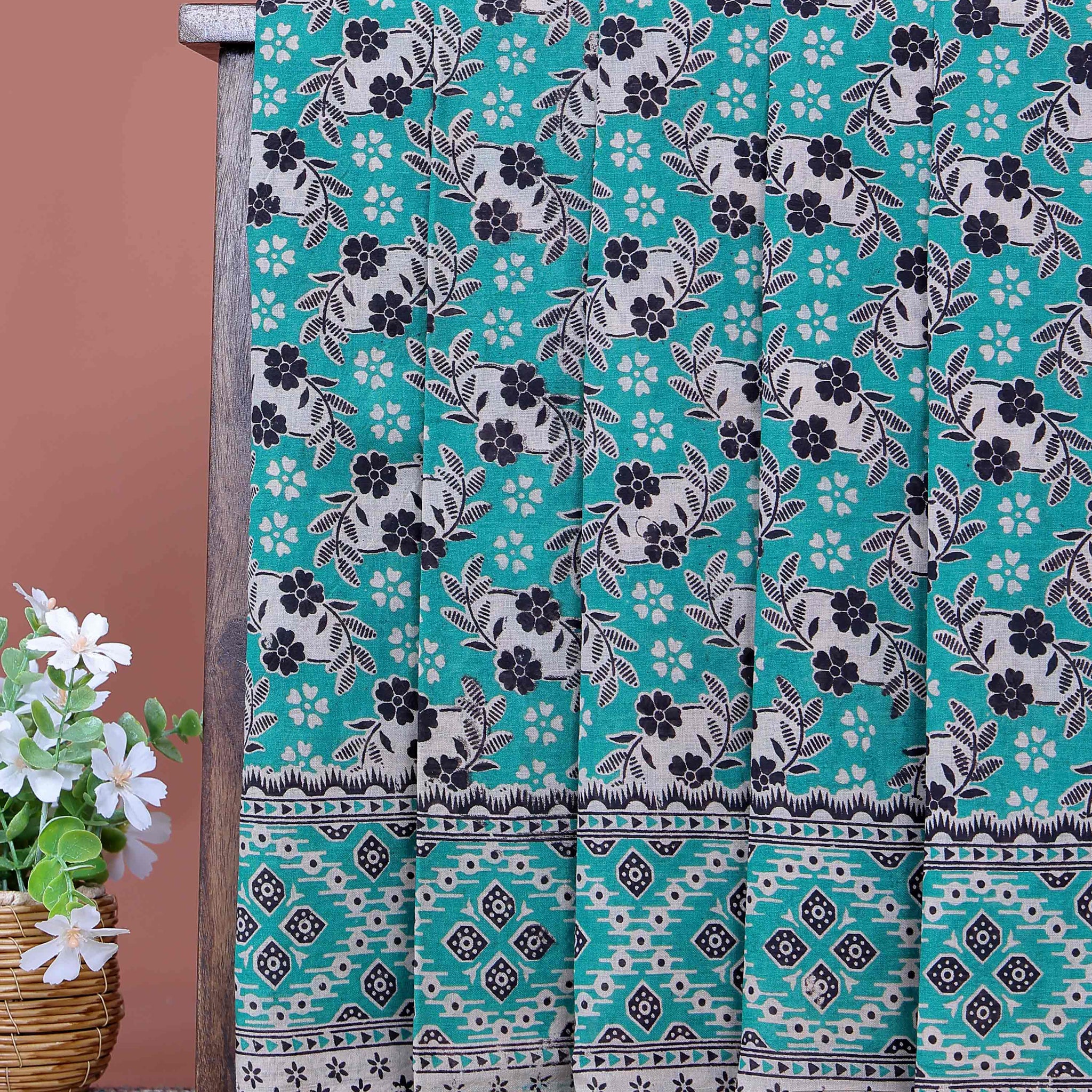 Handloom Kalamkari Cotton Saree with Traditional Floral and Geometric Motifs - Turquoise