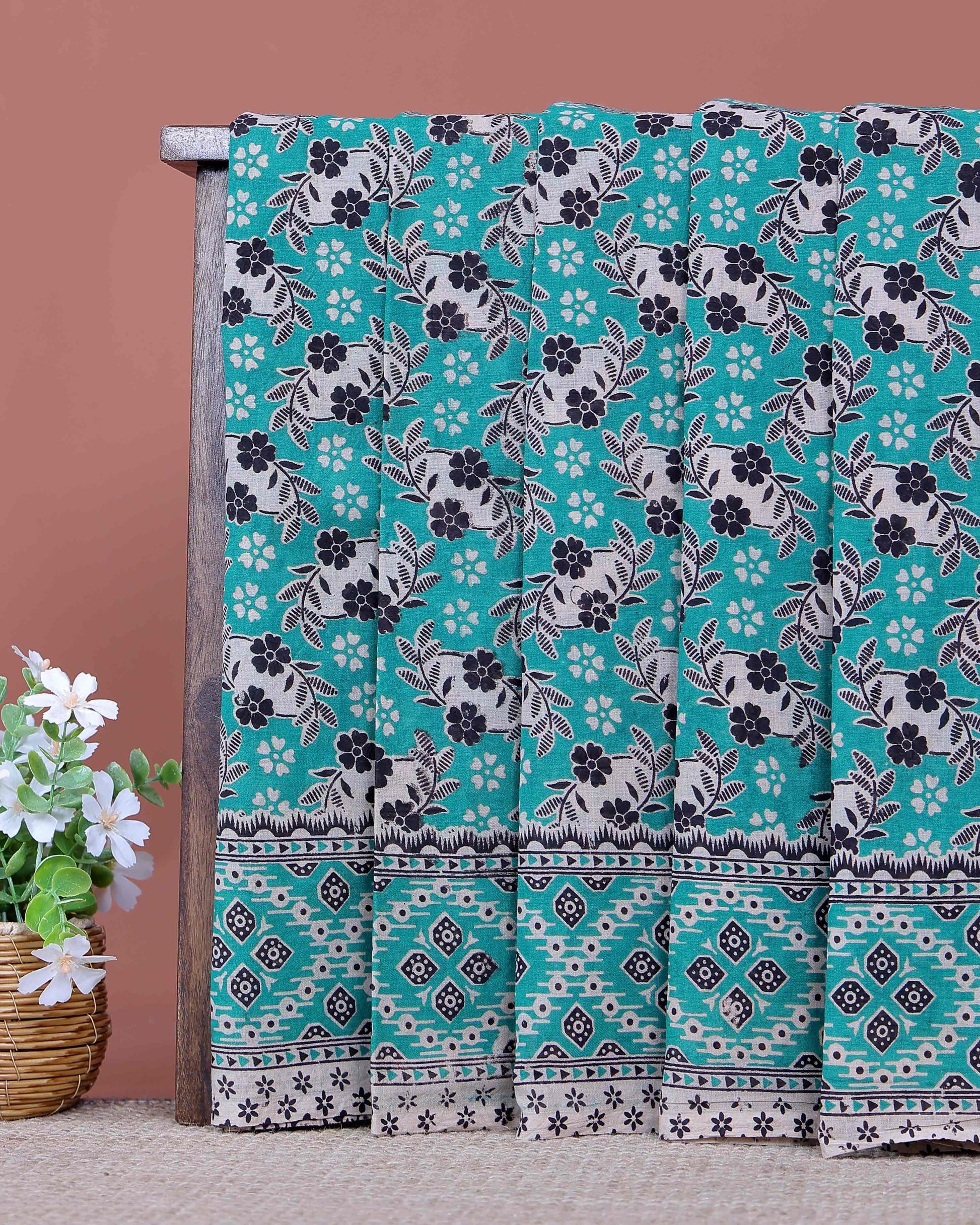 Handloom Kalamkari Cotton Saree with Traditional Floral and Geometric Motifs - Turquoise