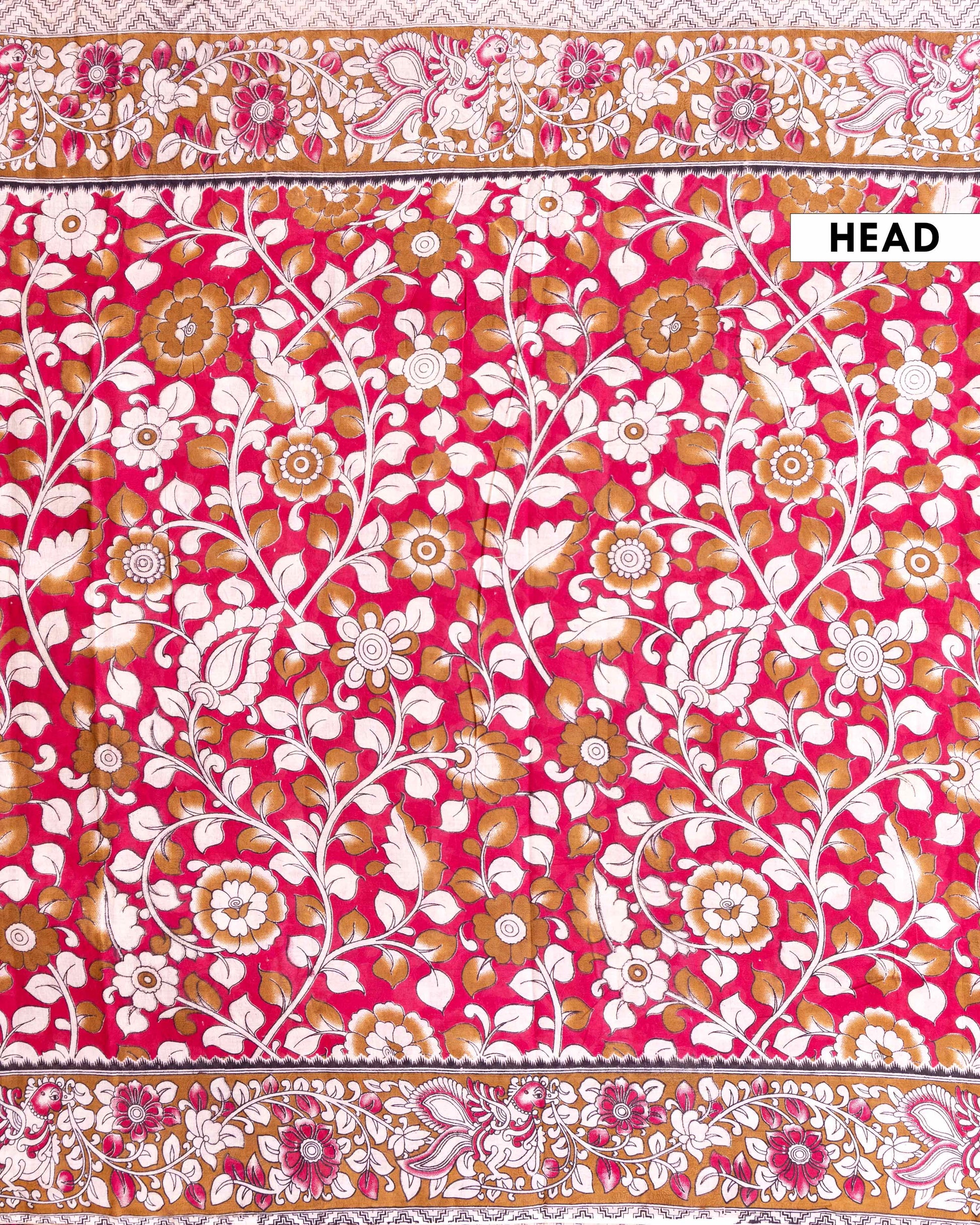 Handloom Kalamkari Cotton Saree with Traditional Floral and Leafy Motifs - Pink