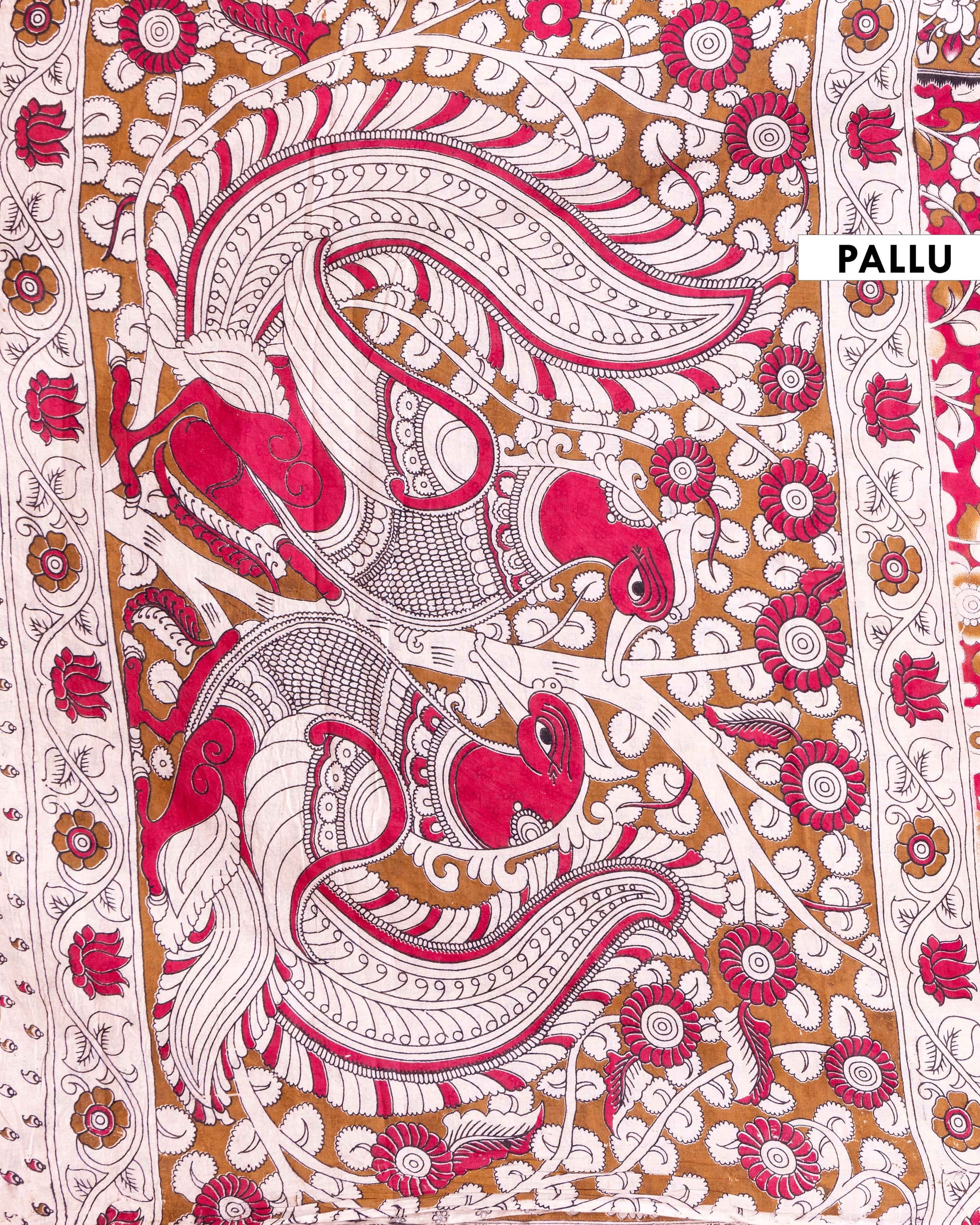 Handloom Kalamkari Cotton Saree with Traditional Floral and Leafy Motifs - Pink