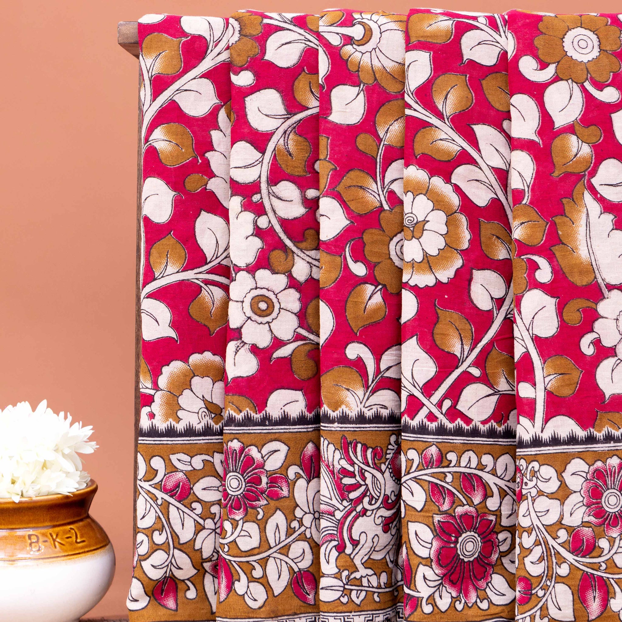 Handloom Kalamkari Cotton Saree with Traditional Floral and Leafy Motifs - Pink