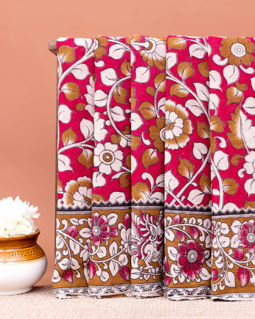 Handloom Kalamkari Cotton Saree with Traditional Floral and Leafy Motifs - Pink