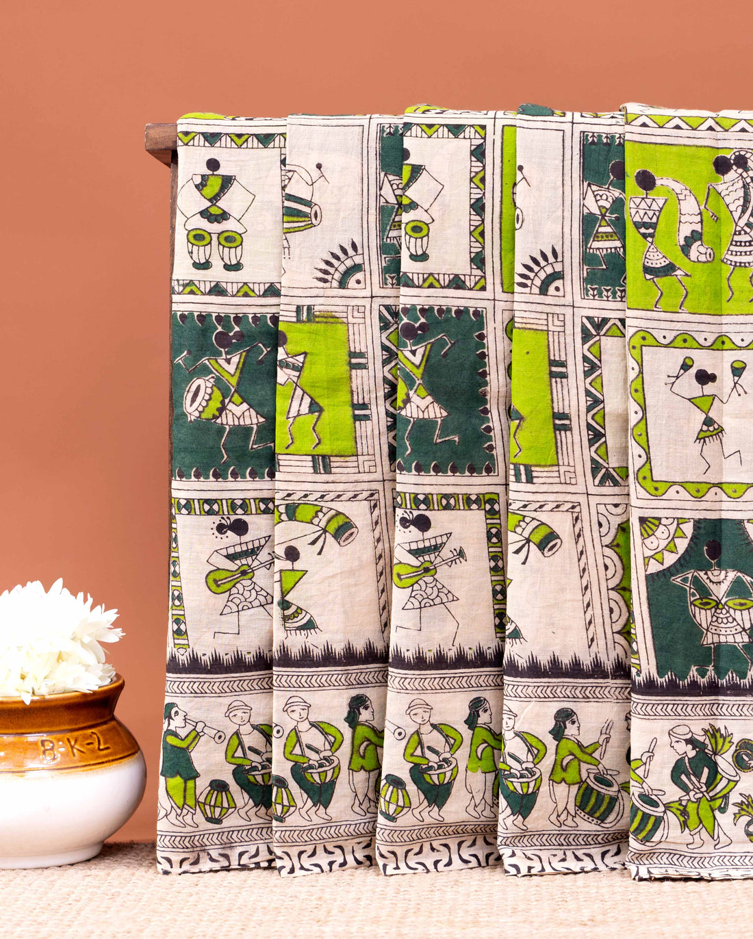 Handloom Kalamkari Cotton Saree with Traditional Folk Art Motifs - Cream