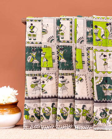 Handloom Kalamkari Cotton Saree with Traditional Folk Art Motifs - Cream