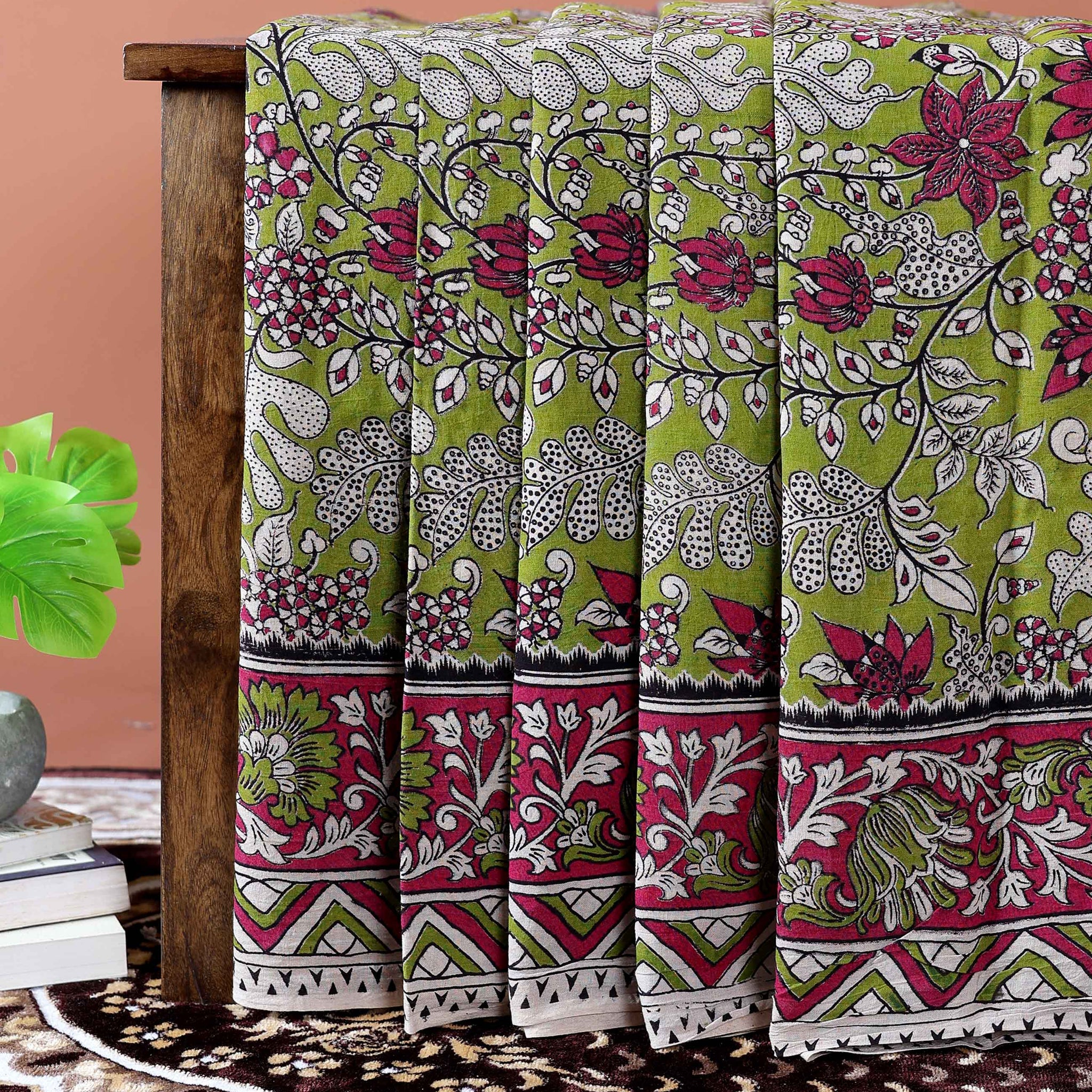 Handloom Kalamkari Cotton Saree with Traditional Motifs - Green