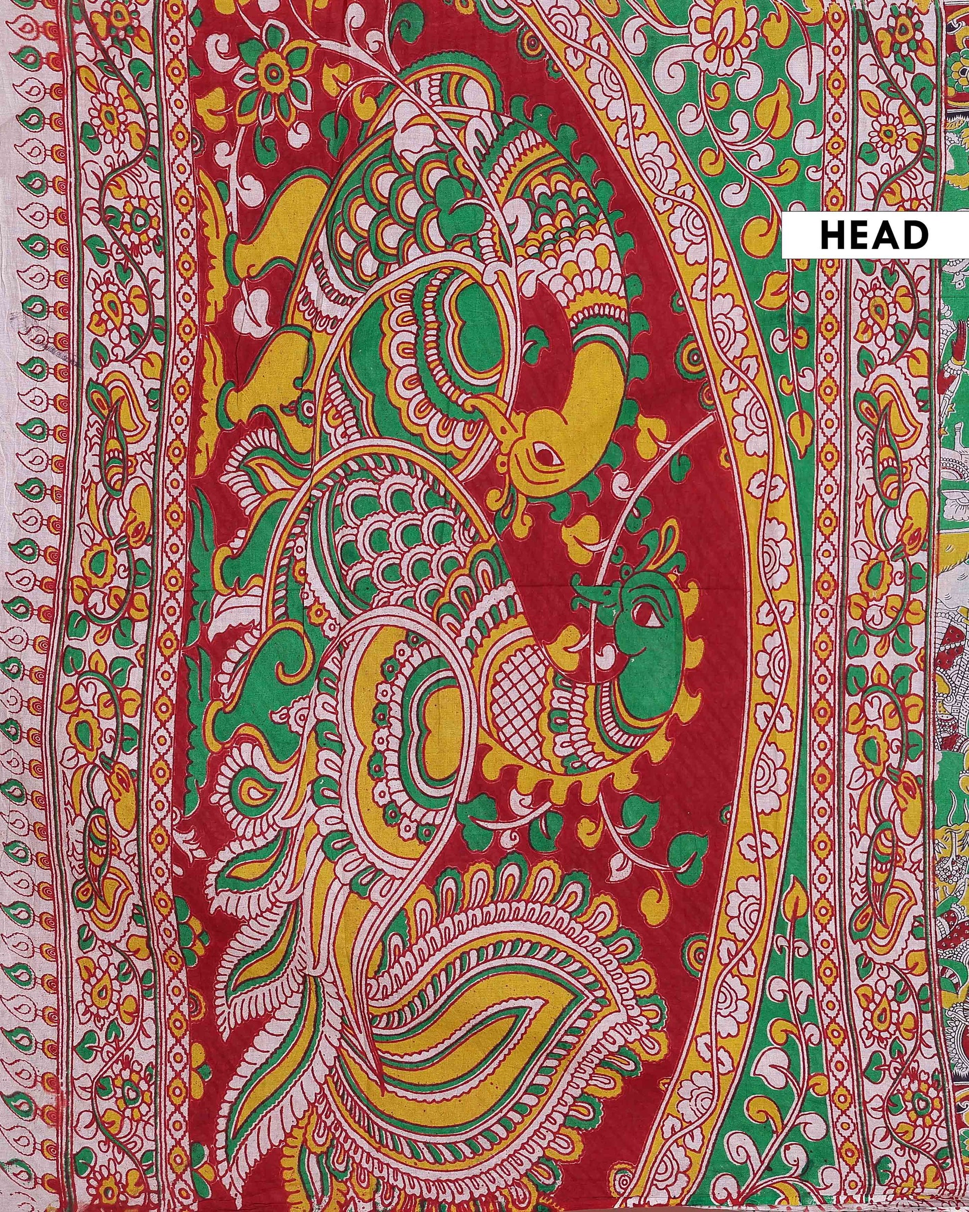 Traditional Handloom Kalamkari Cotton Saree with Traditional Mythological Motifs and Elaborate Artistic Border - Green