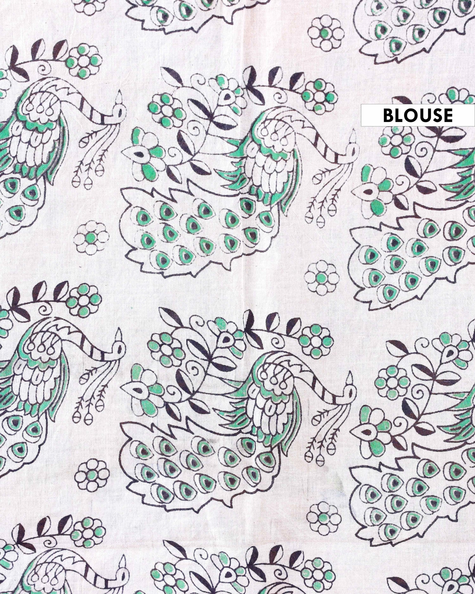 Handloom Kalamkari Cotton Saree with Traditional Peacock & Floral Motifs - Blouse