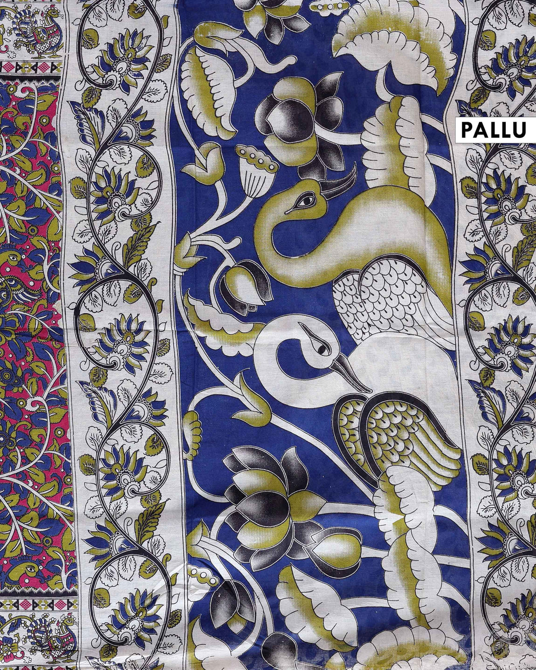 Handloom Kalamkari Cotton Saree with Traditional Peacock & Floral Motifs - Blue