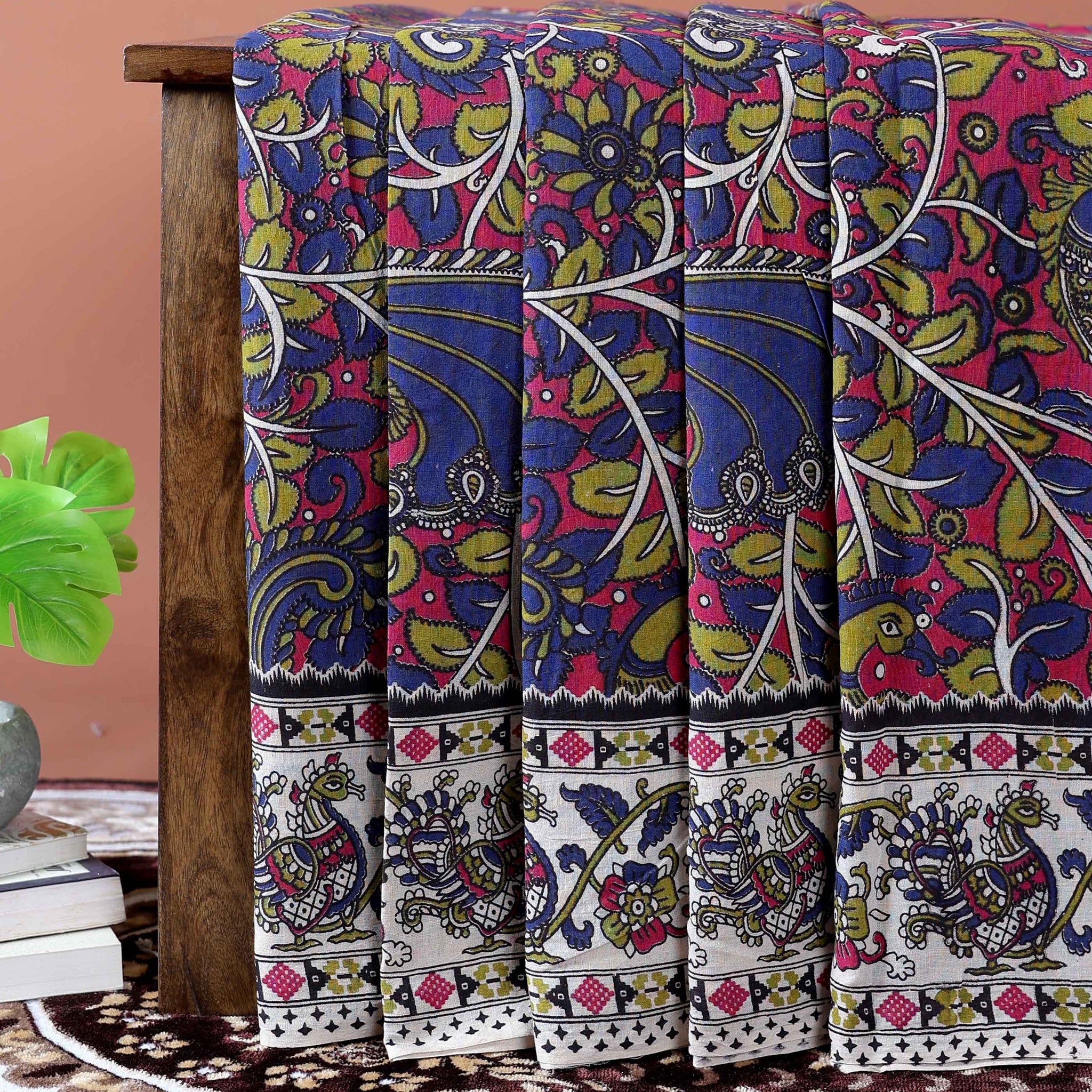 Handloom Kalamkari Cotton Saree with Traditional Peacock & Floral Motifs - Blue