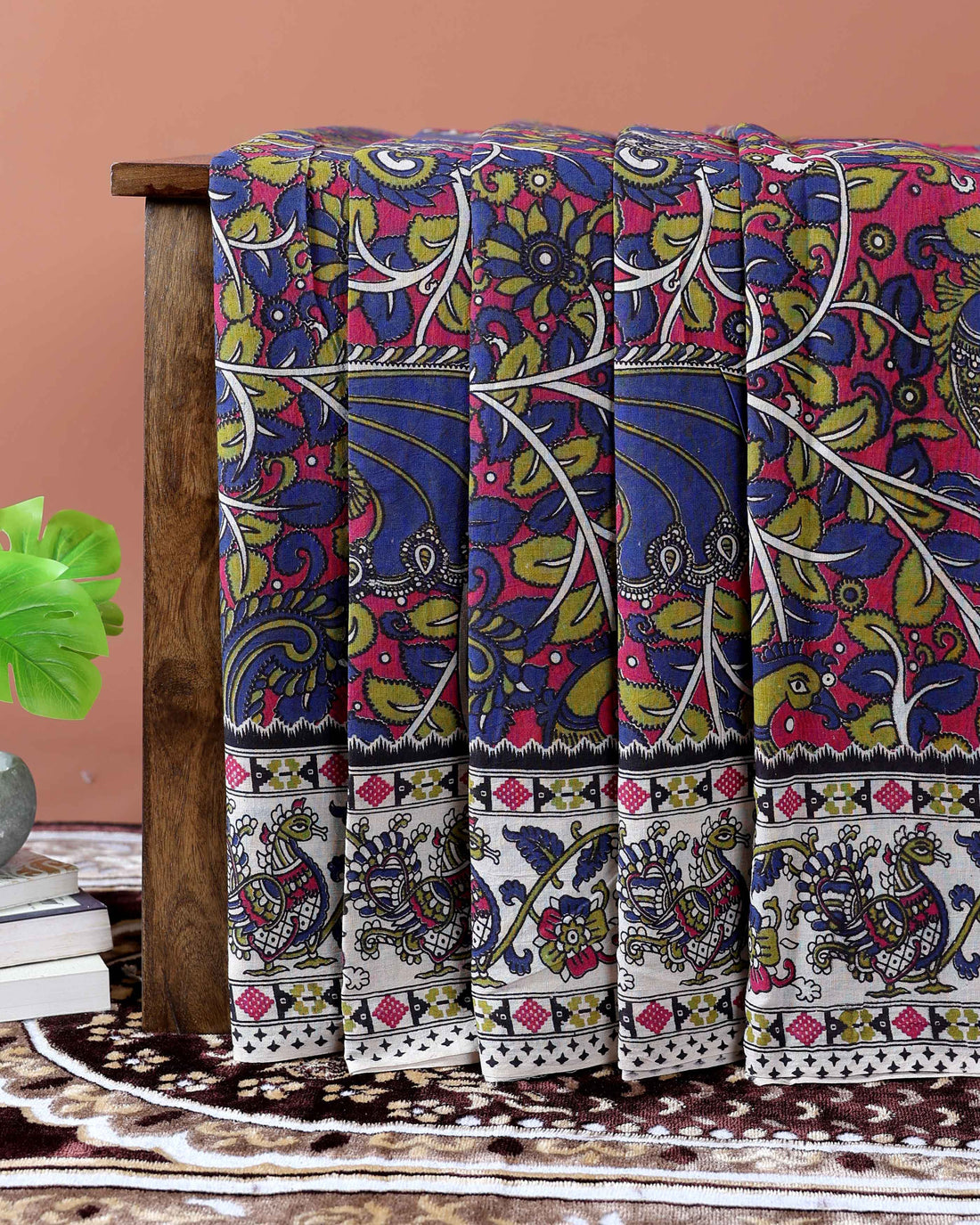 Handloom Kalamkari Cotton Saree with Traditional Peacock & Floral Motifs - Blue