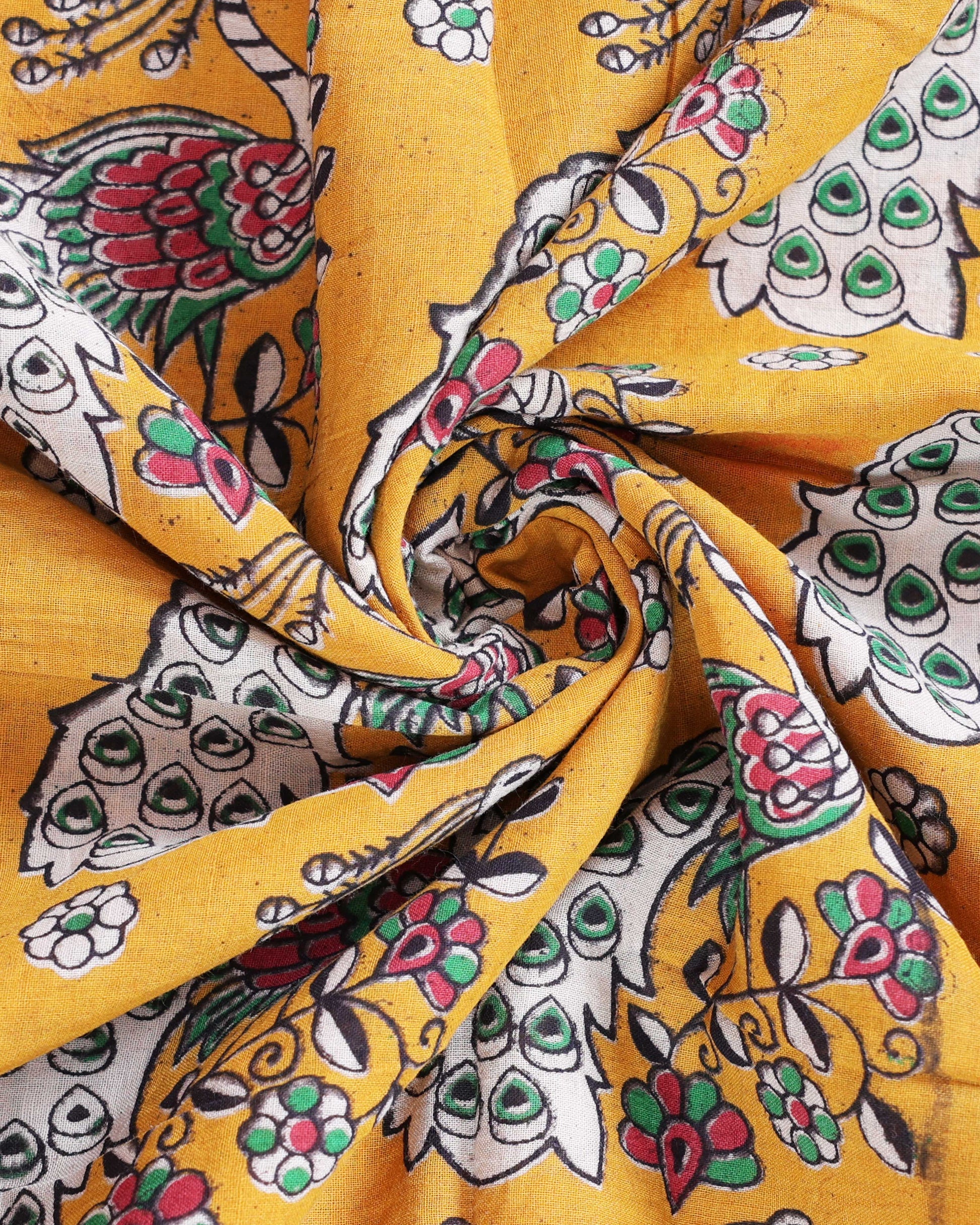 Handloom Kalamkari Cotton Saree with Traditional Peacock & Floral Motifs - Close