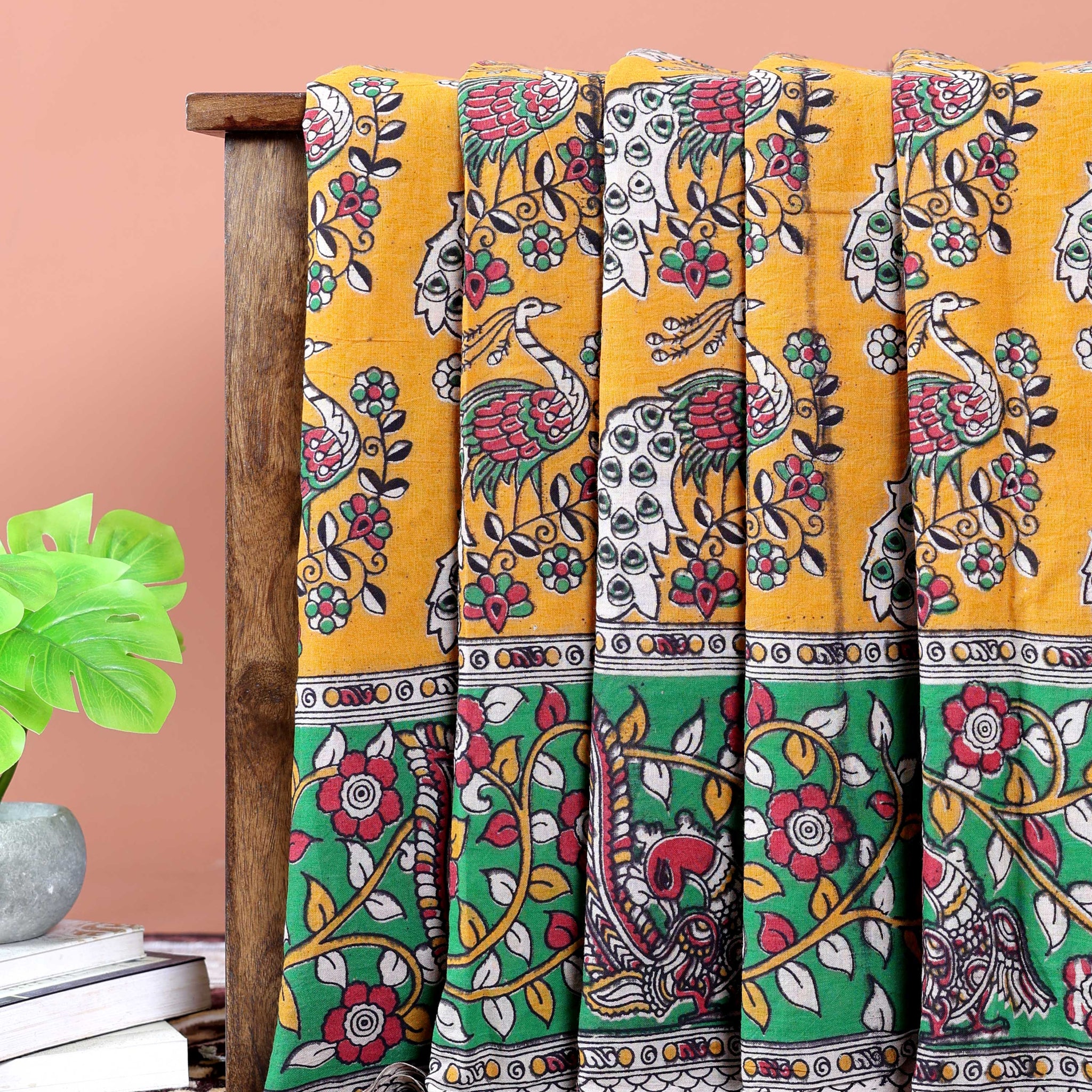Handloom Kalamkari Cotton Saree with Traditional Peacock & Floral Motifs - Orange