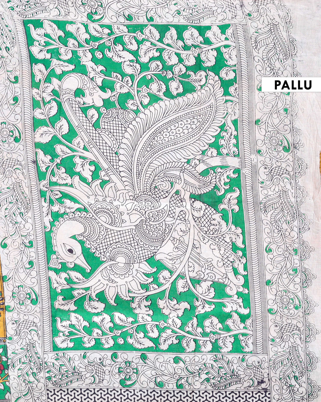 Handloom Kalamkari Cotton Saree with Traditional Peacock & Floral Motifs - Yellow