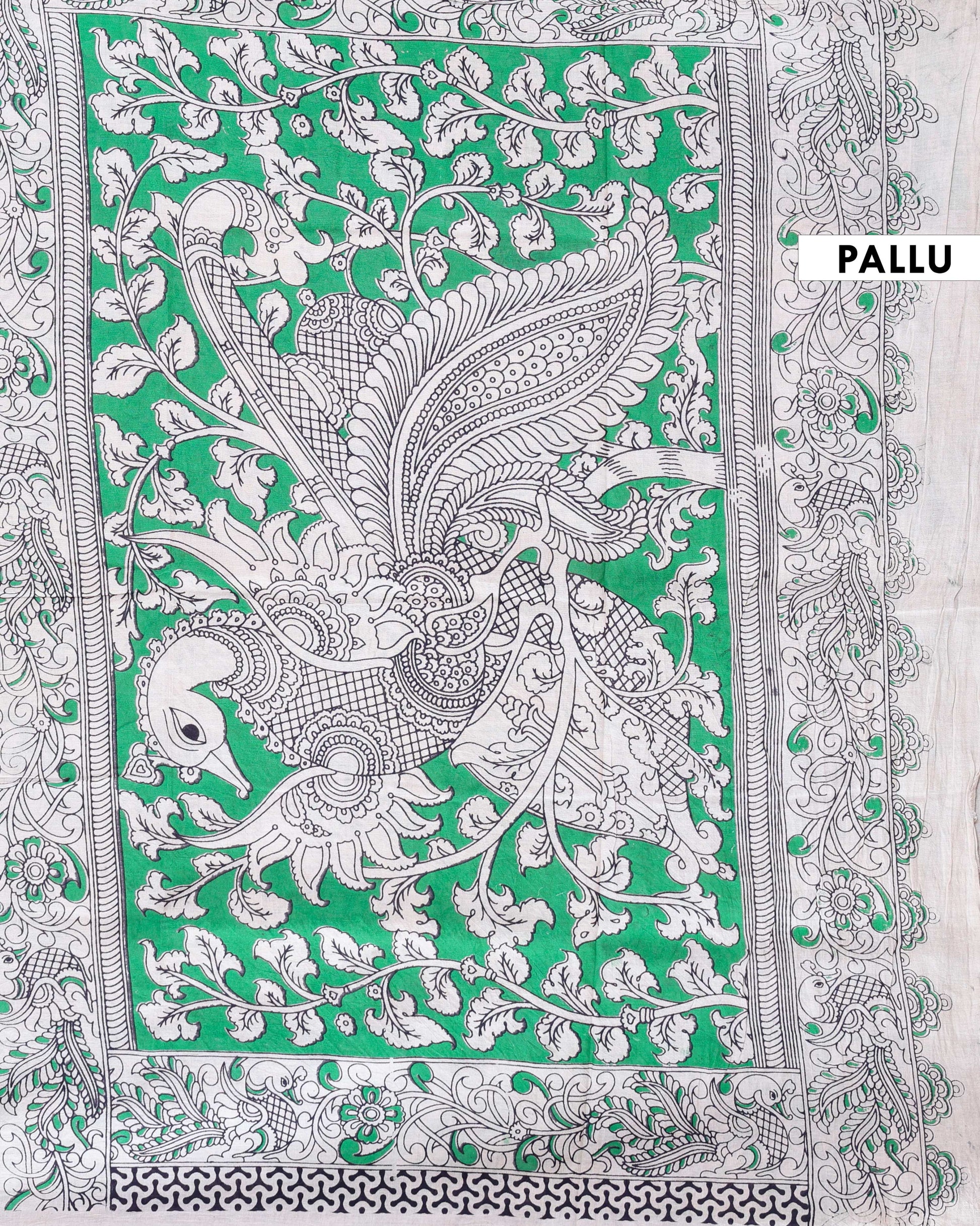 Handloom Kalamkari Cotton Saree with Traditional Peacock & Floral Motifs - Pallu
