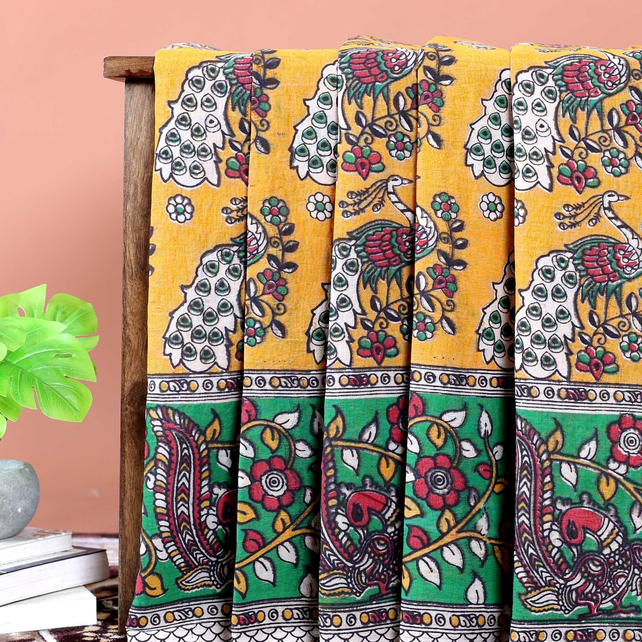 Handloom Kalamkari Cotton Saree with Traditional Peacock & Floral Motifs - Yellow