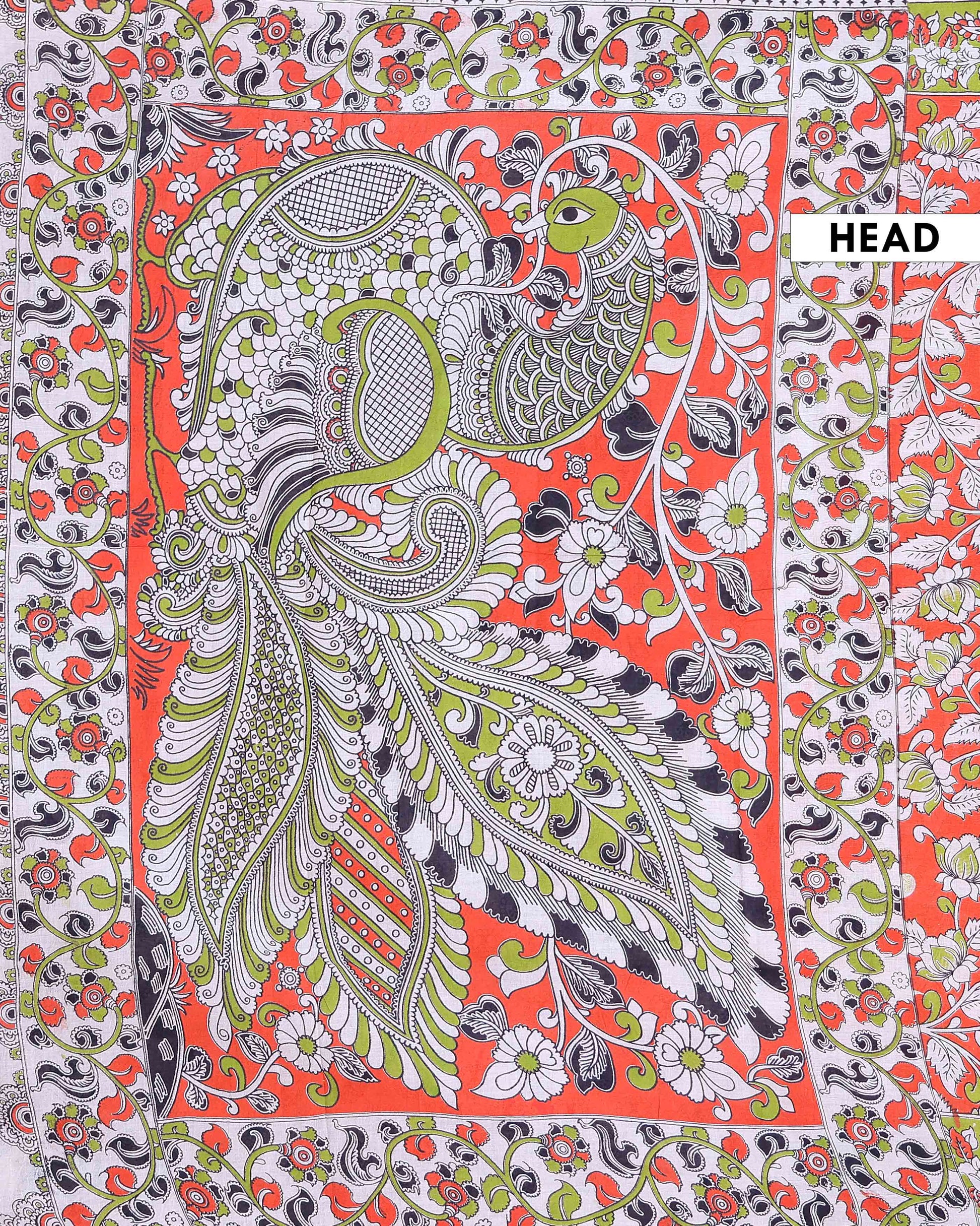 Traditional Handloom Kalamkari Cotton Saree with Traditional Peacock Motifs and Intricate Heritage Border - Dark Orange